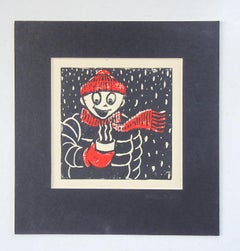 Winter Figure & Hot Chocolate Serigraph in Red & Black