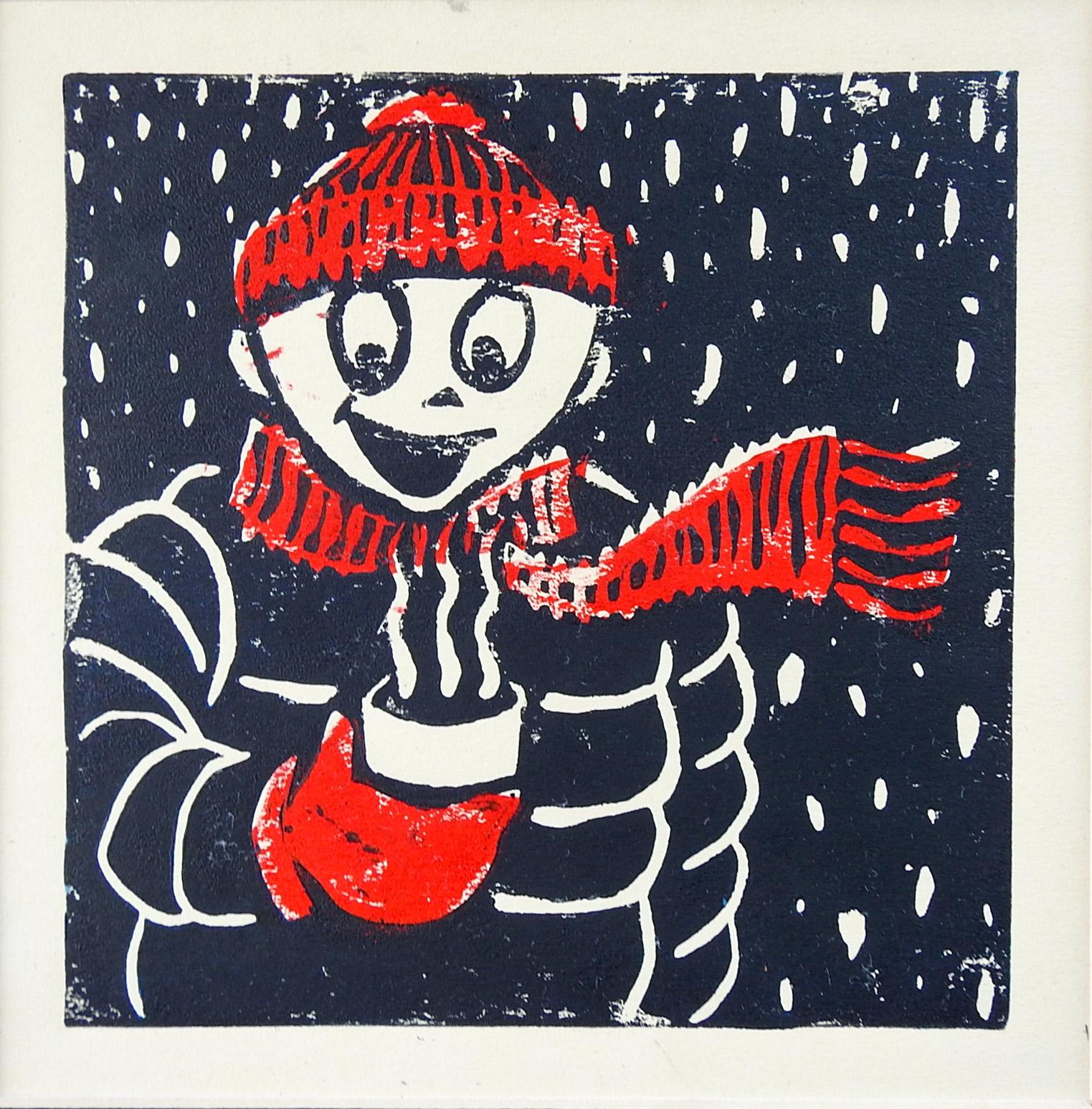 Rustic Winter Figure & Hot Chocolate Serigraph in Red & Black For Sale
