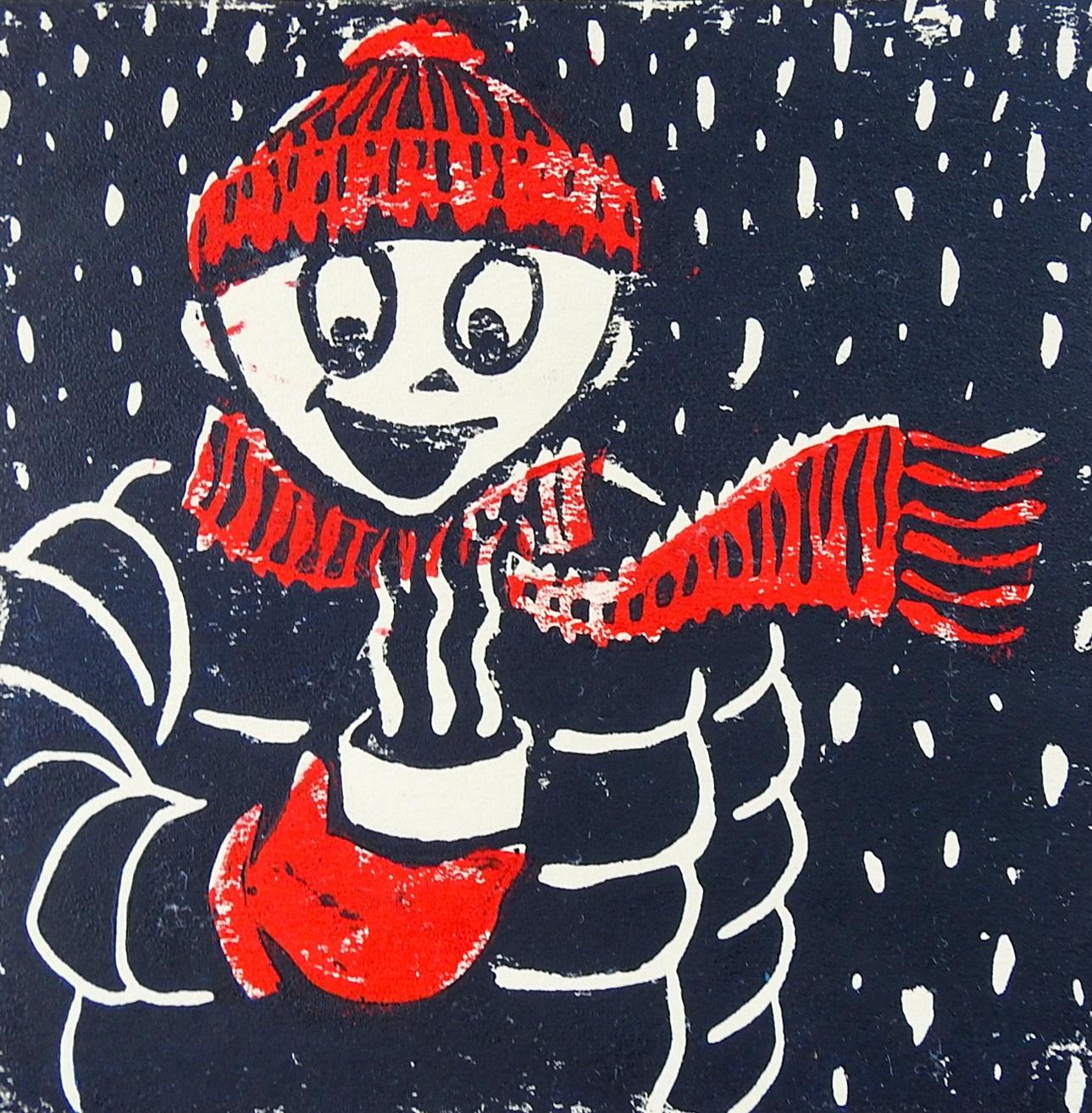 American Winter Figure & Hot Chocolate Serigraph in Red & Black For Sale