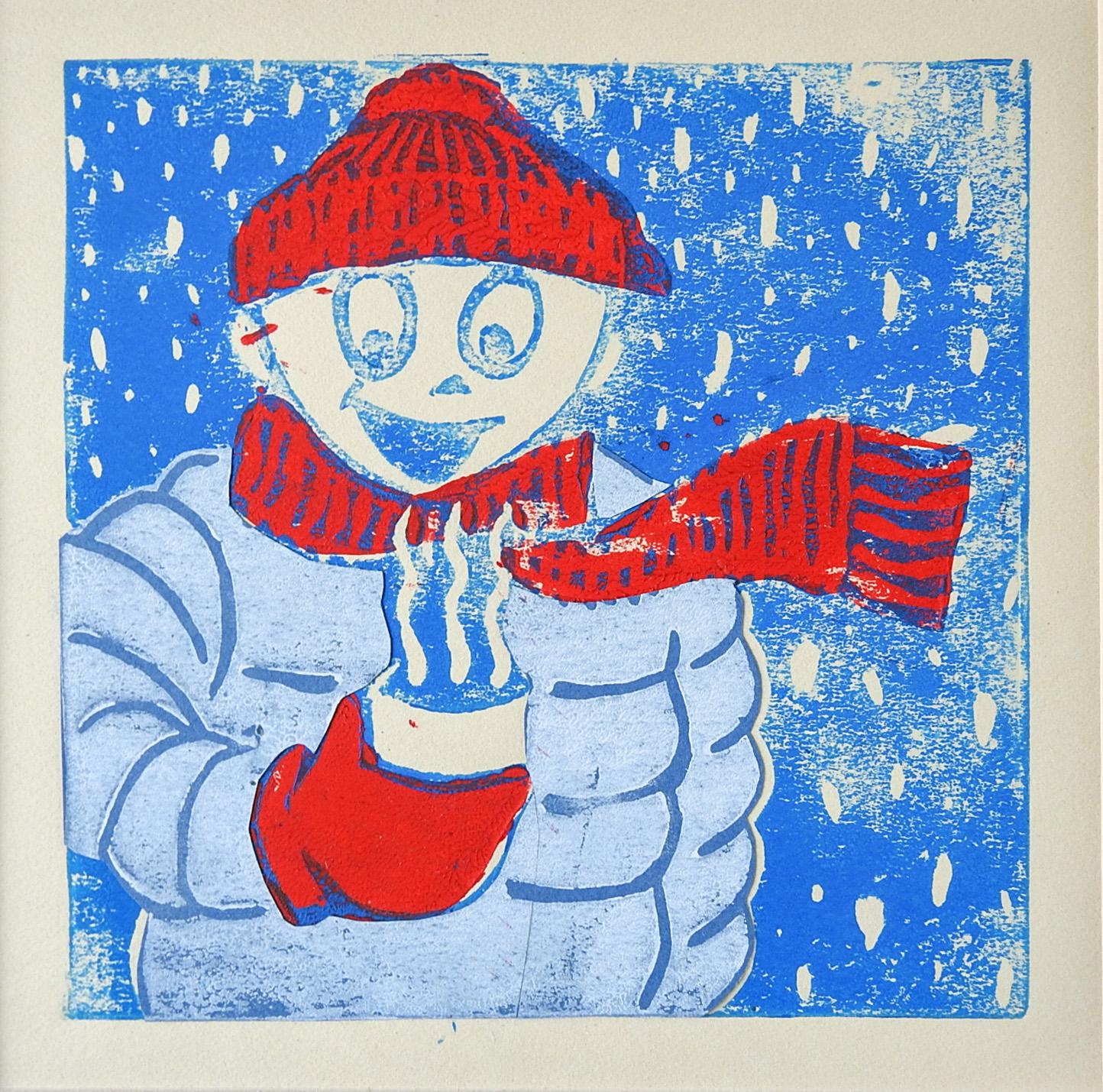 Rustique Figure d'hiver et sérigraphie de chocolat chaud en rouge et bleu en vente