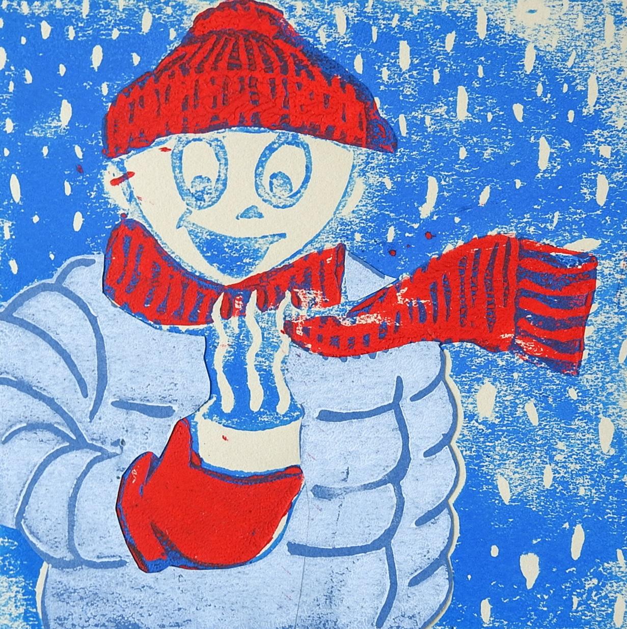 Américain Figure d'hiver et sérigraphie de chocolat chaud en rouge et bleu en vente