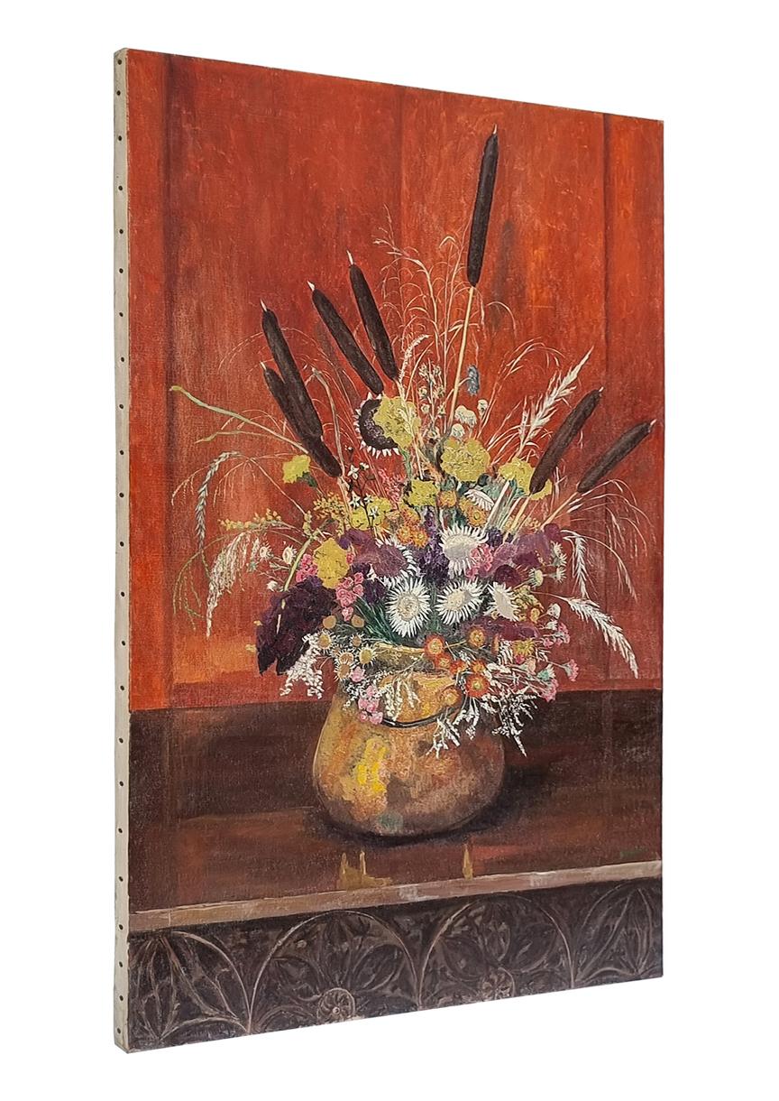 Large oil painting by the Alsatian (French province) artist Fernand Dubich (1903 -1977). Still life in autumnal colors depicting a large bouquet of dried flowers in a copper cauldron on an antique wooden table with carved decorations. Signed lower