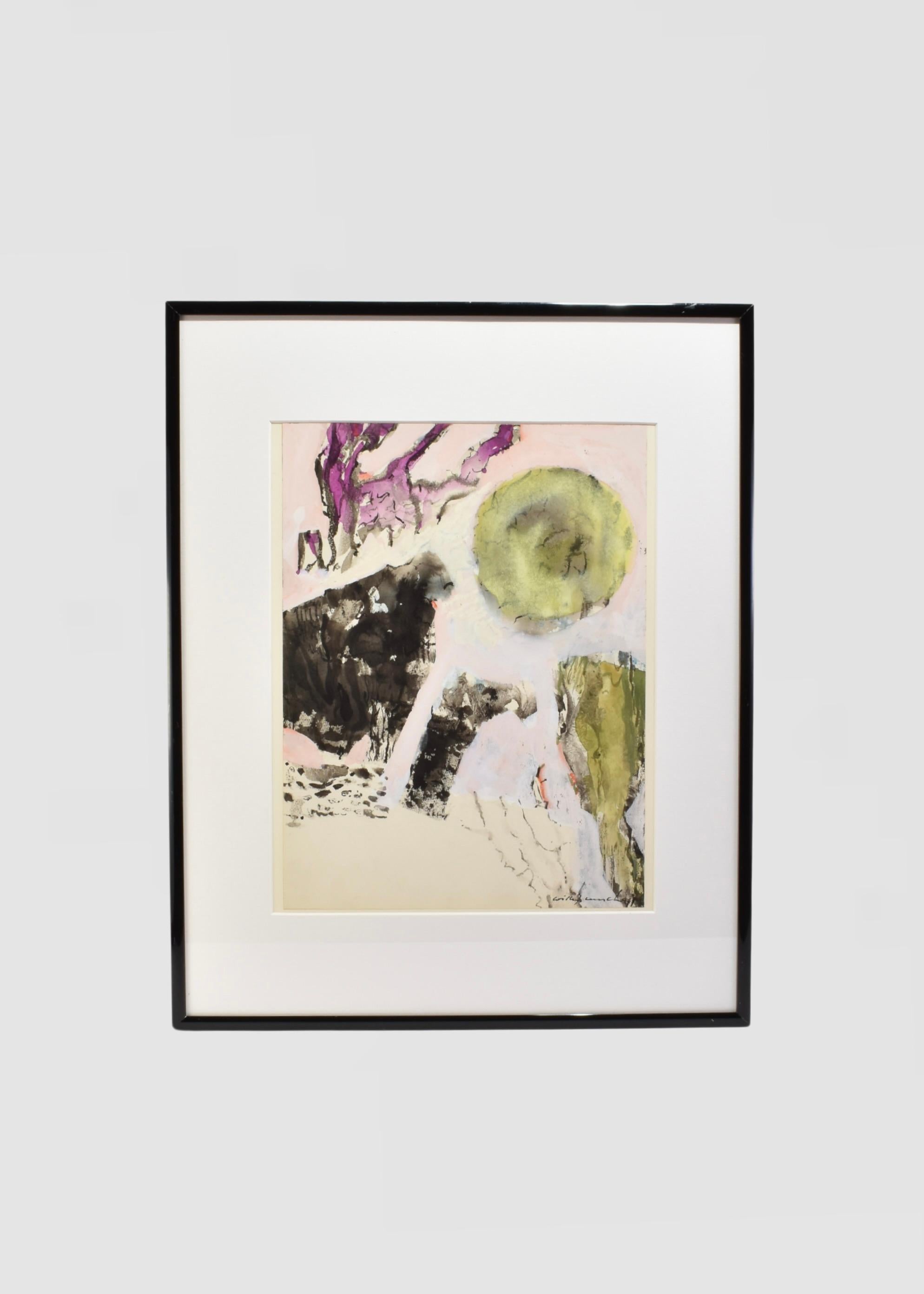 Original gouache on paper by Czech-American artist Willy Mucha, titled Winter, completed in Patterson, New York in 1961. A layered abstract composition in shades of olive, blush, and charcoal with gestural ink and watercolor details. Signed lower