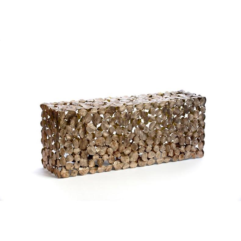 Leaf Bench is a continuation of the Artists series that bases the form in geometry and the content in nature. Embellished Minimalist style of New Brutalism. Hand Cast in the Artists studio, the bronze leaves are welded into fantastic Geometric forms
