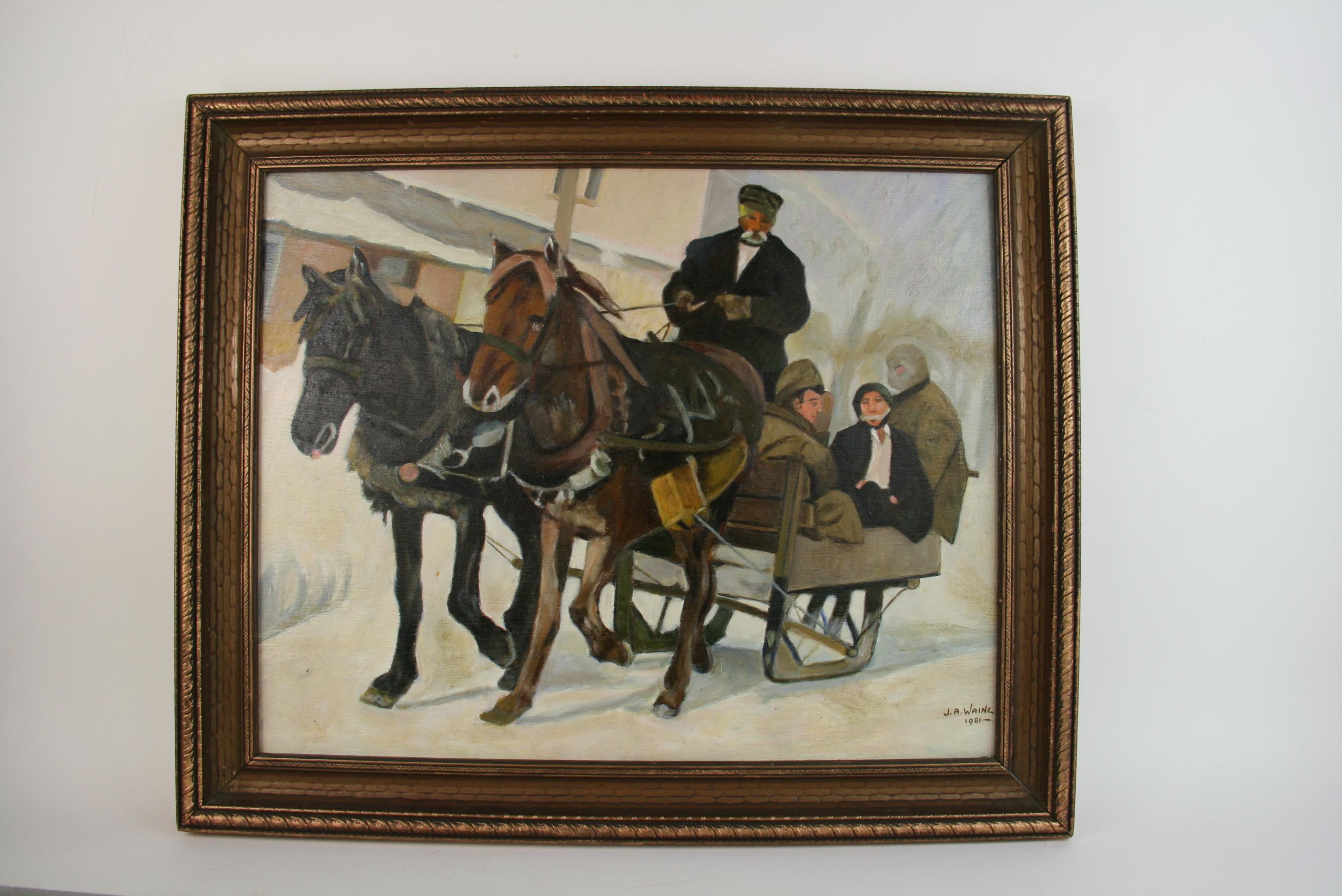 Ancienne peinture à l'huile française représentant un cheval d'hiver drapé sur une calèche Bon état - En vente à Douglas Manor, NY