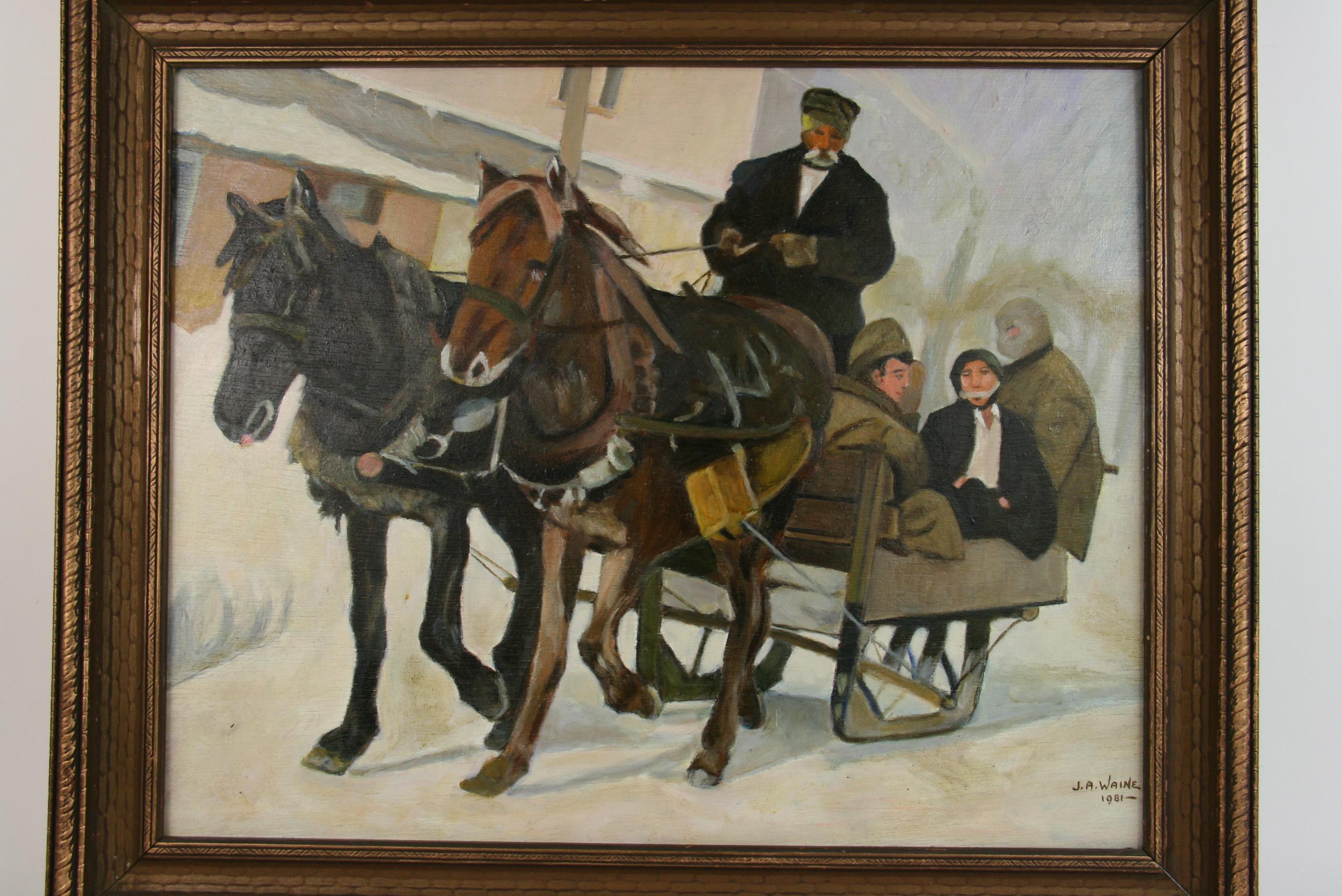 Milieu du XXe siècle Ancienne peinture à l'huile française représentant un cheval d'hiver drapé sur une calèche en vente