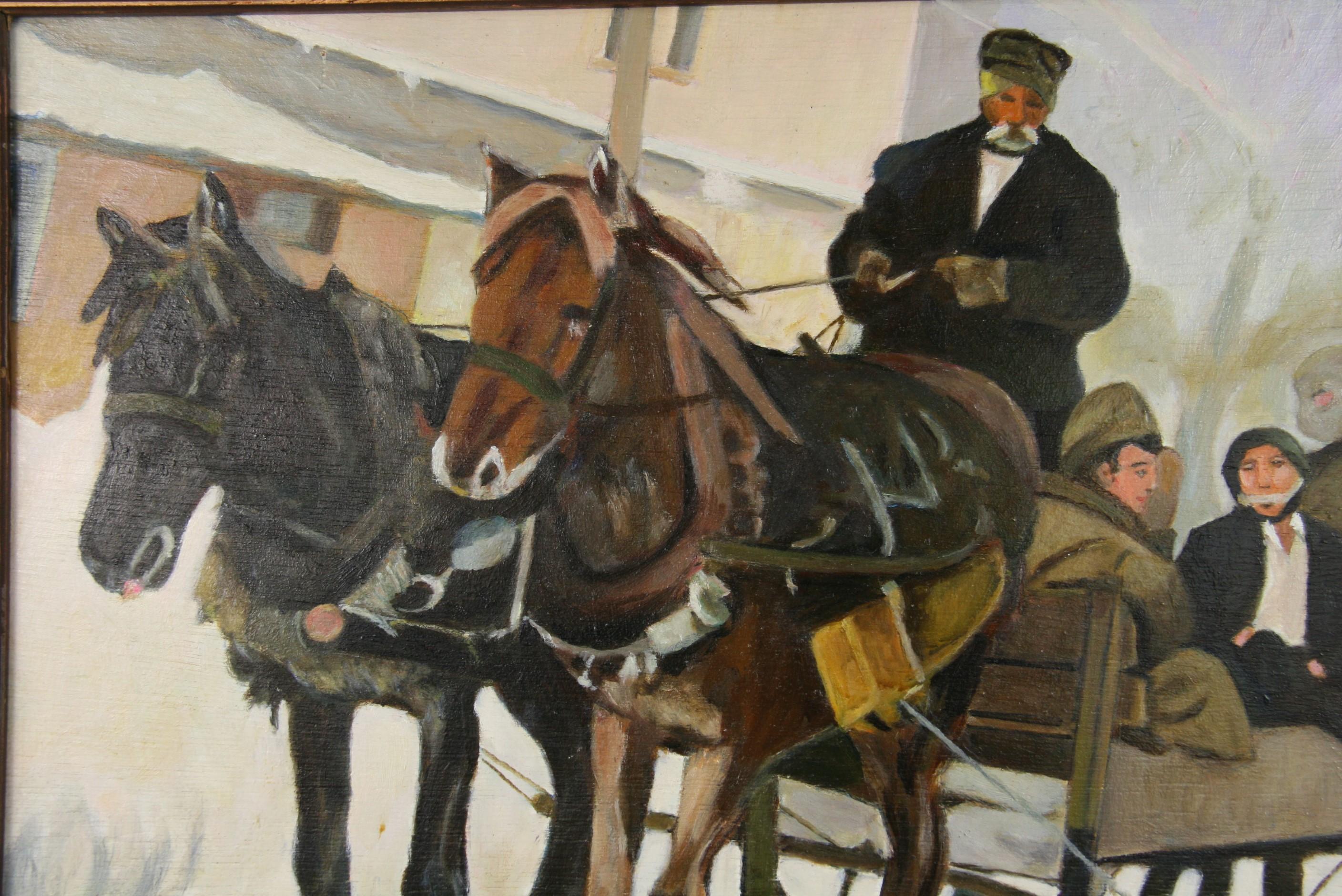 Antique French Winter Horse Drawn Carriage Ride Oil Painting For Sale 2