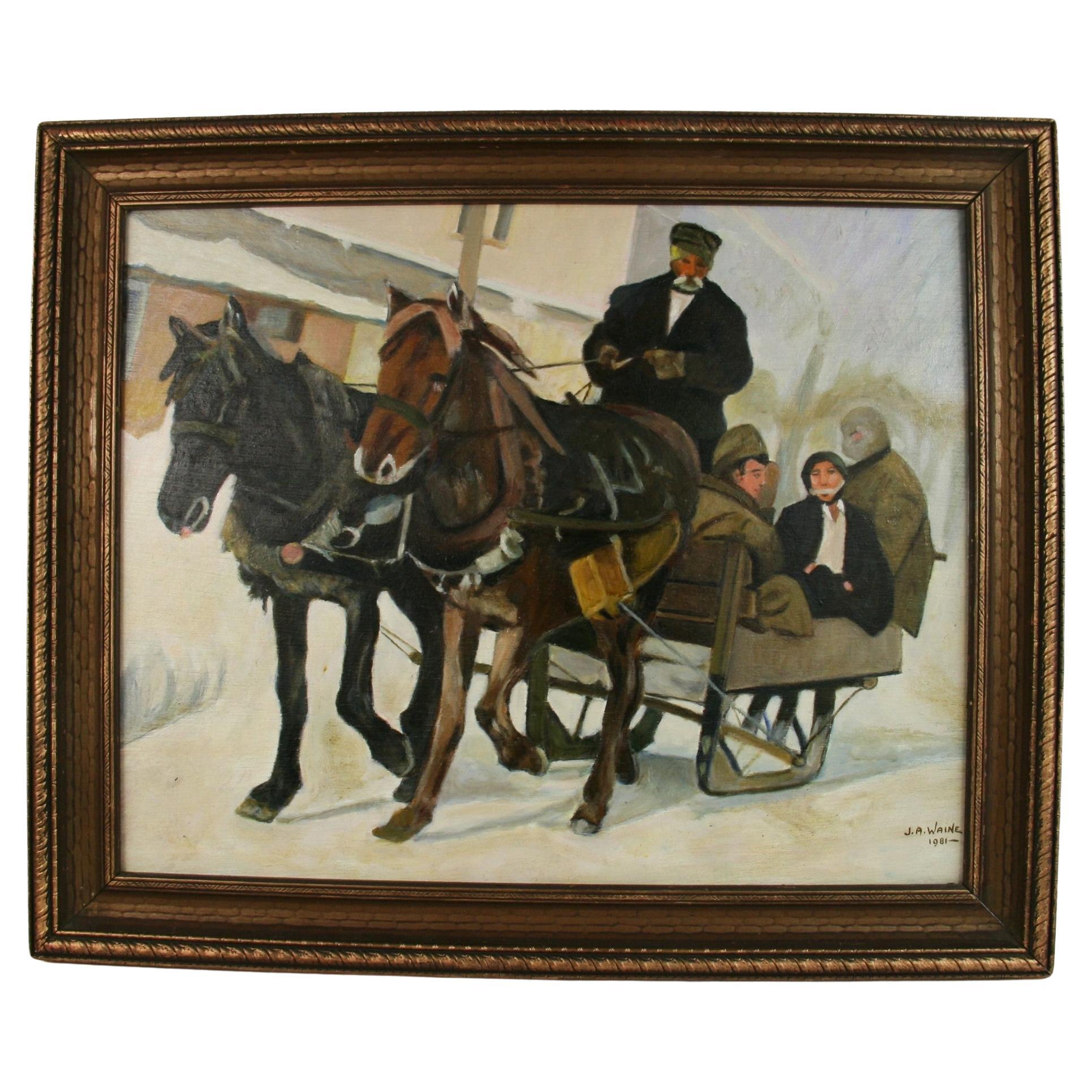 Ancienne peinture à l'huile française représentant un cheval d'hiver drapé sur une calèche en vente