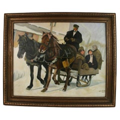 Antique French Winter Horse Drawn Carriage Ride Oil Painting