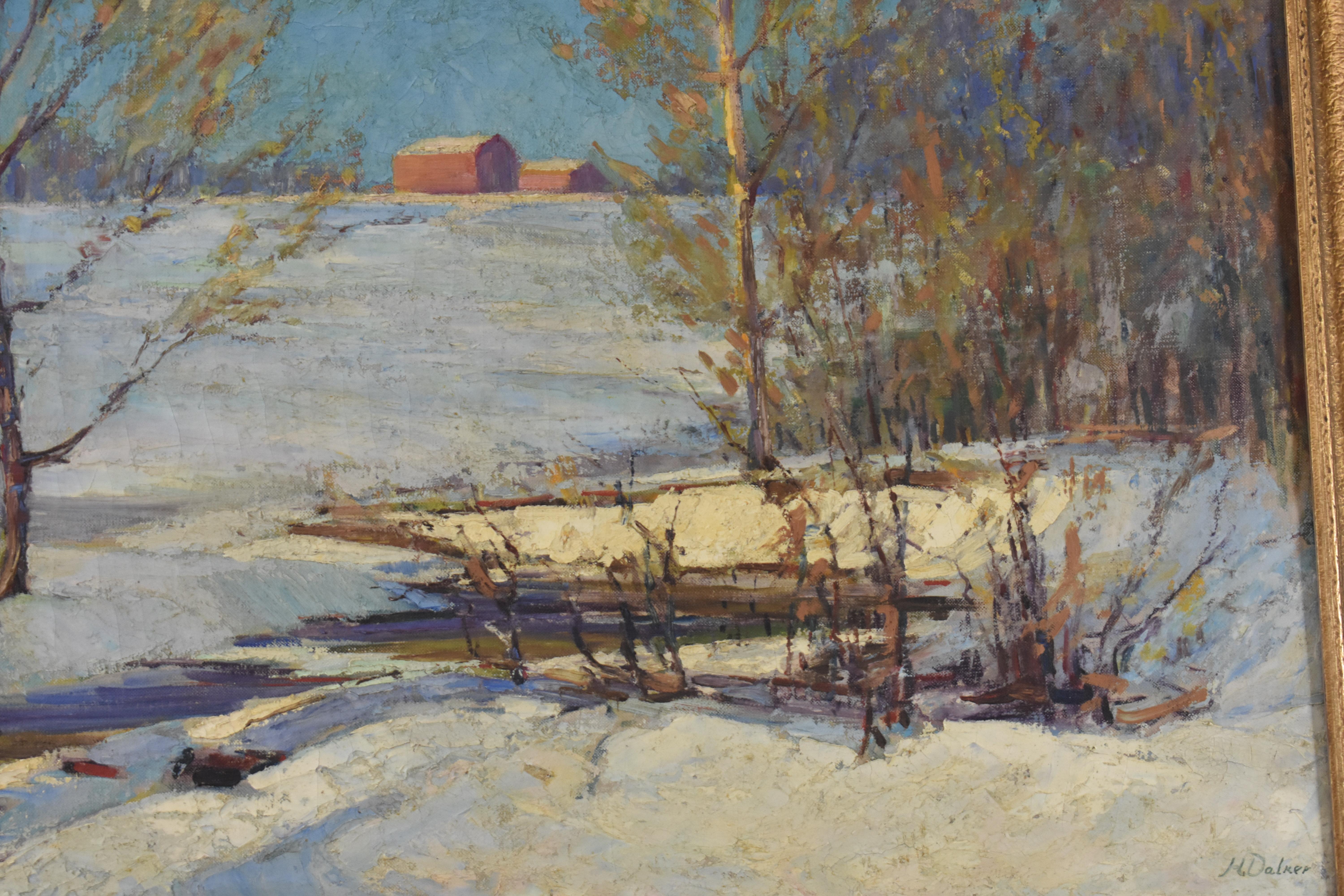 American Winter Impressionist Landscape Barn Scene Oil on Canvas Painting  Harold Walker