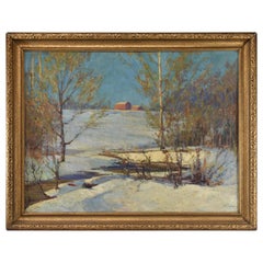 Winter Impressionist Landscape Barn Scene Oil on Canvas Painting  Harold Walker