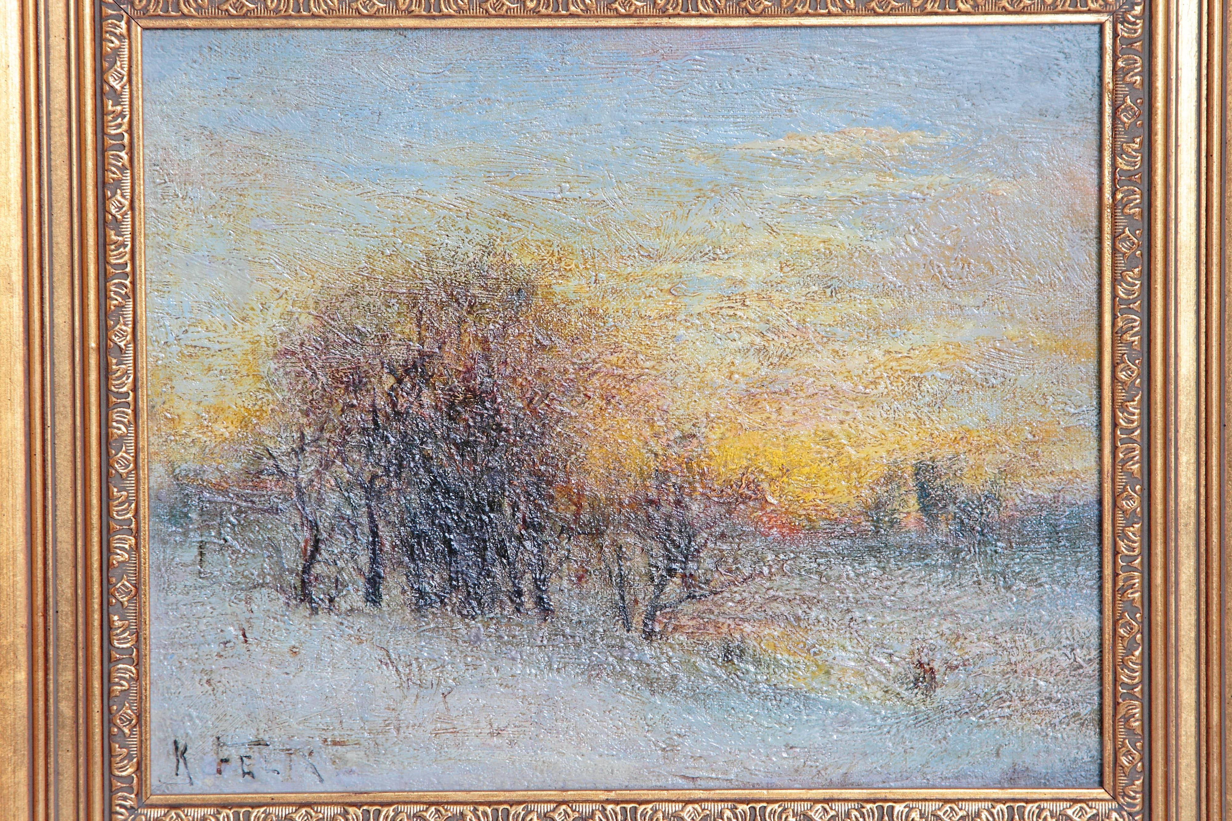 A handsome oil on canvas, framed, atmospheric impression of trees in a snow covered landscape rendered in soft pastels, entitled 