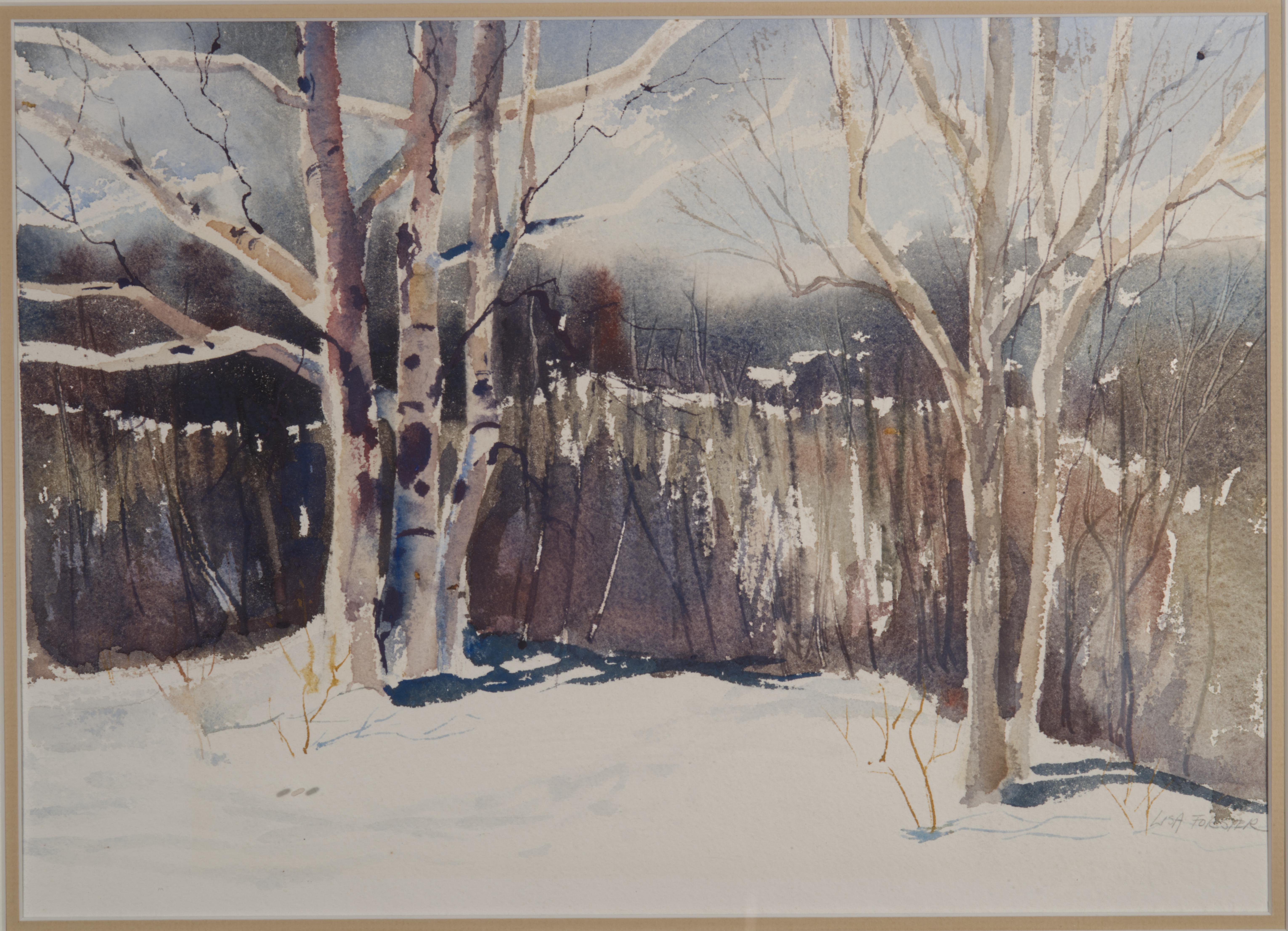 Diptych Fine Arts originale d'epoca raffigura un paesaggio invernale in una tavolozza di colori tenui, blu, grigio, marrone, verde e bianco sporco. L'opera enfatizza il carattere e le impressioni del paesaggio dell'Upstate New York, con due ciuffi