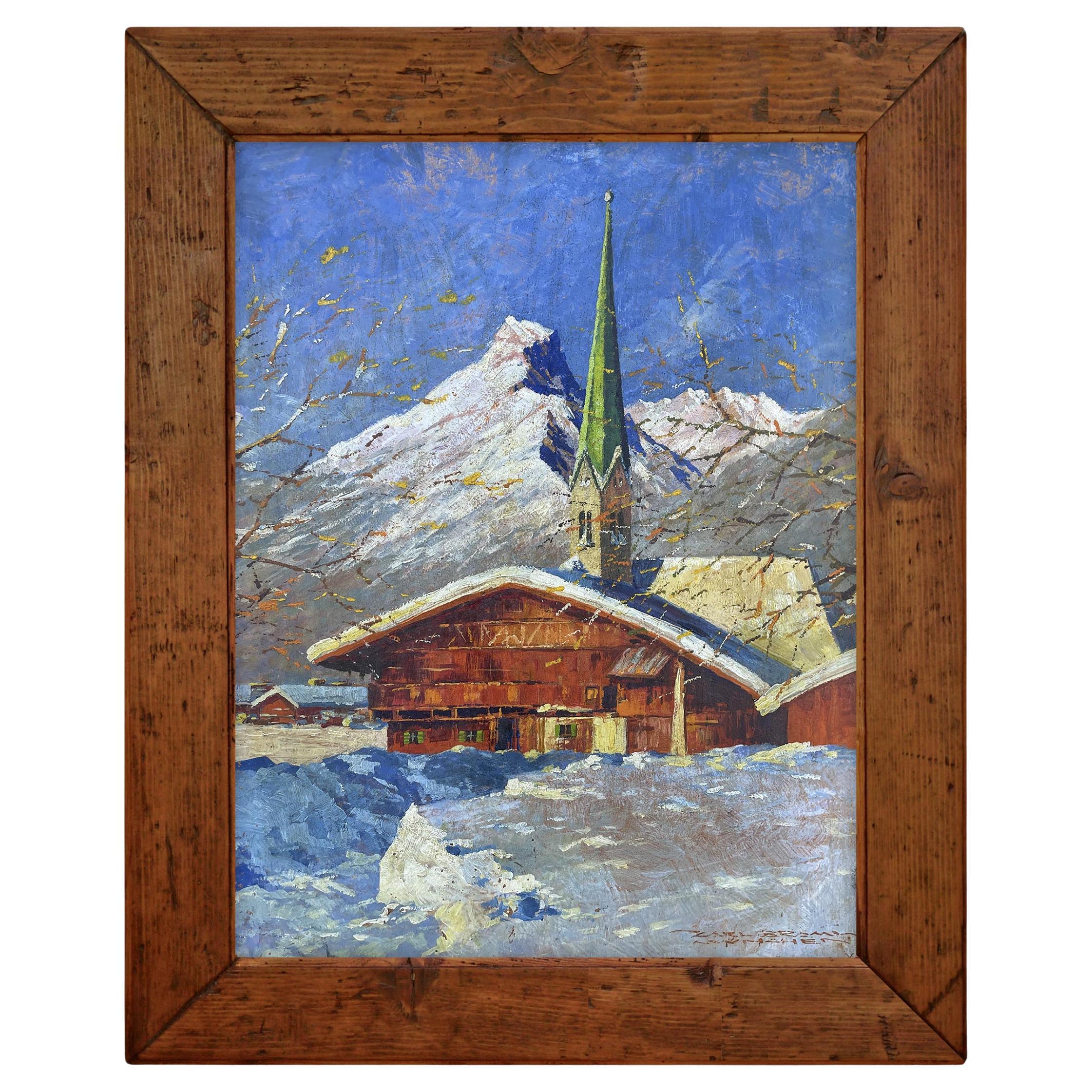 Winterlandschaft in Garmisch - Öl auf Leinwand im Angebot