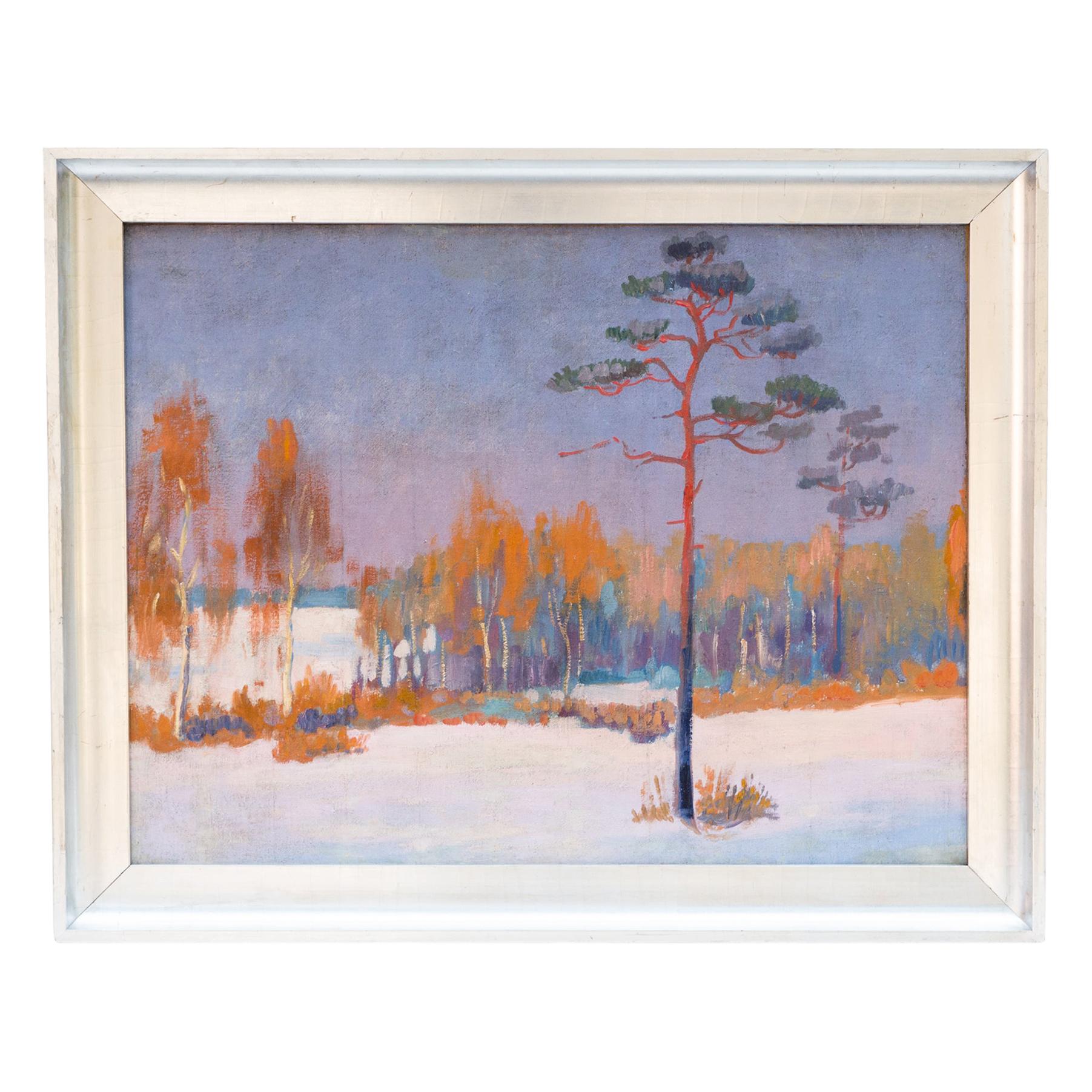 Winter Landscape, Oil on Canvas, Silver Frame, 1930s