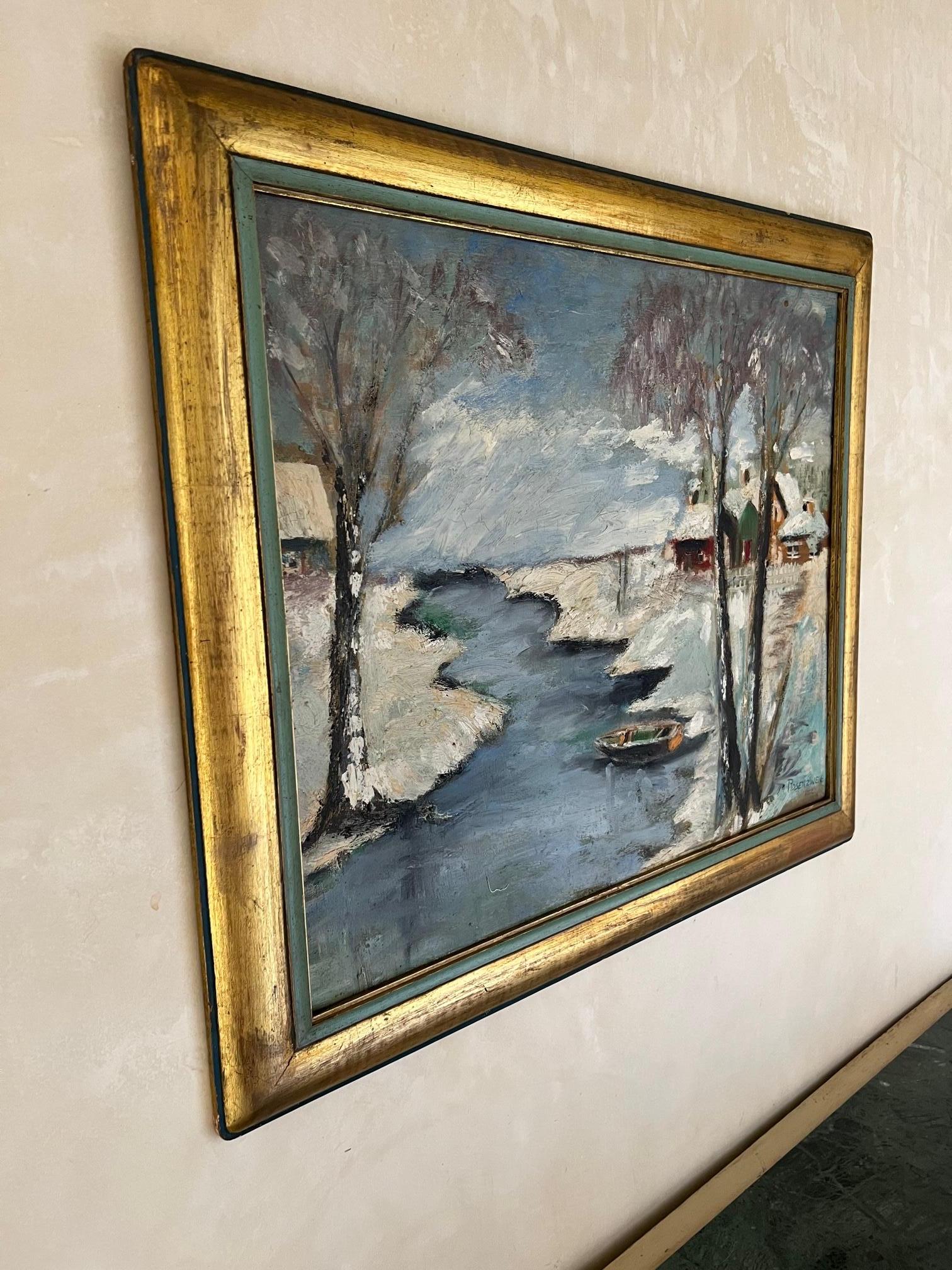 Winter landscape oil painting on board by listed American artist Irving Rosenzweig (1915-1983).
Signed Rosenzweig 1952.
Nicely framed in wooden frame painted gold and a greenish blue.

Painting dimensions 24 wide x 19.78 tall