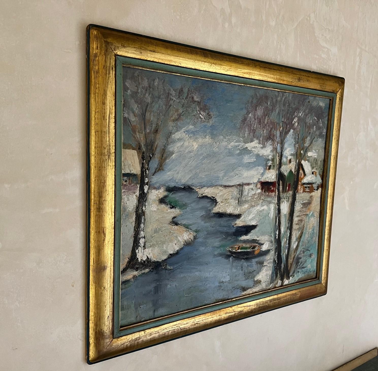Adirondack Peinture à l'huile de paysage d'hiver d'Irving Rosenzweig, 1952