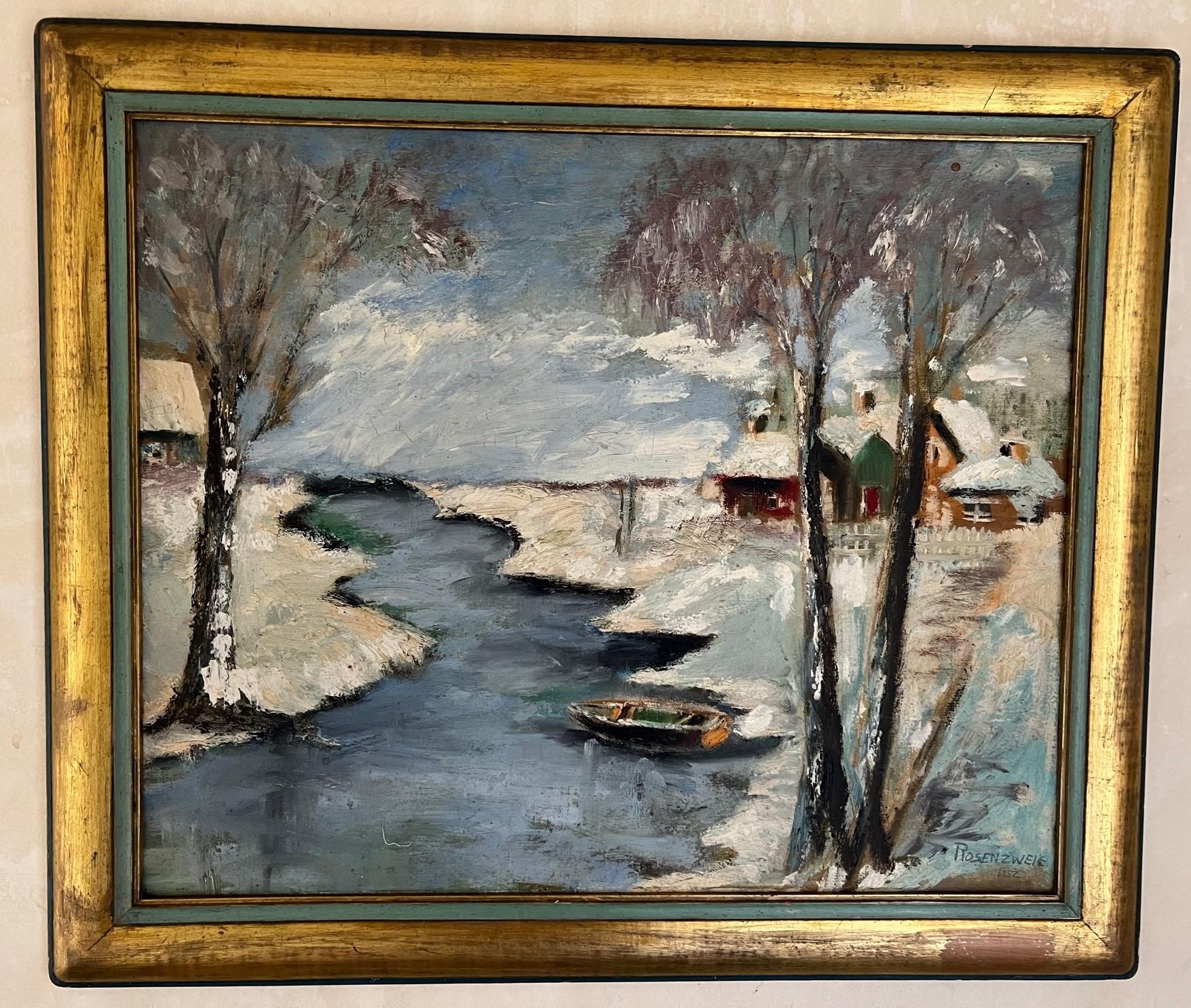 Nord-américain Peinture à l'huile de paysage d'hiver d'Irving Rosenzweig, 1952