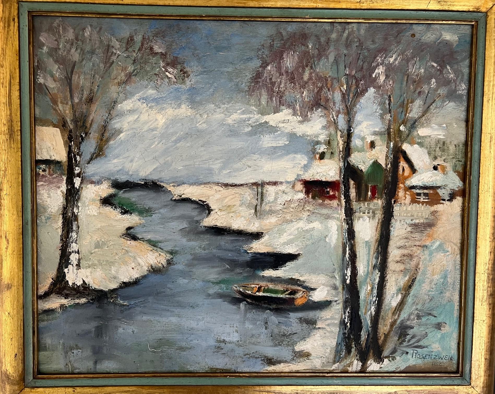 Hand-Painted Winter Landscape Oil Painting by Irving Rosenzweig, 1952