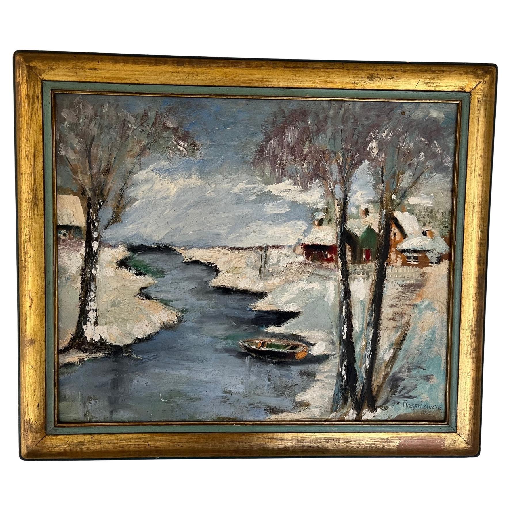 Peinture à l'huile de paysage d'hiver d'Irving Rosenzweig, 1952