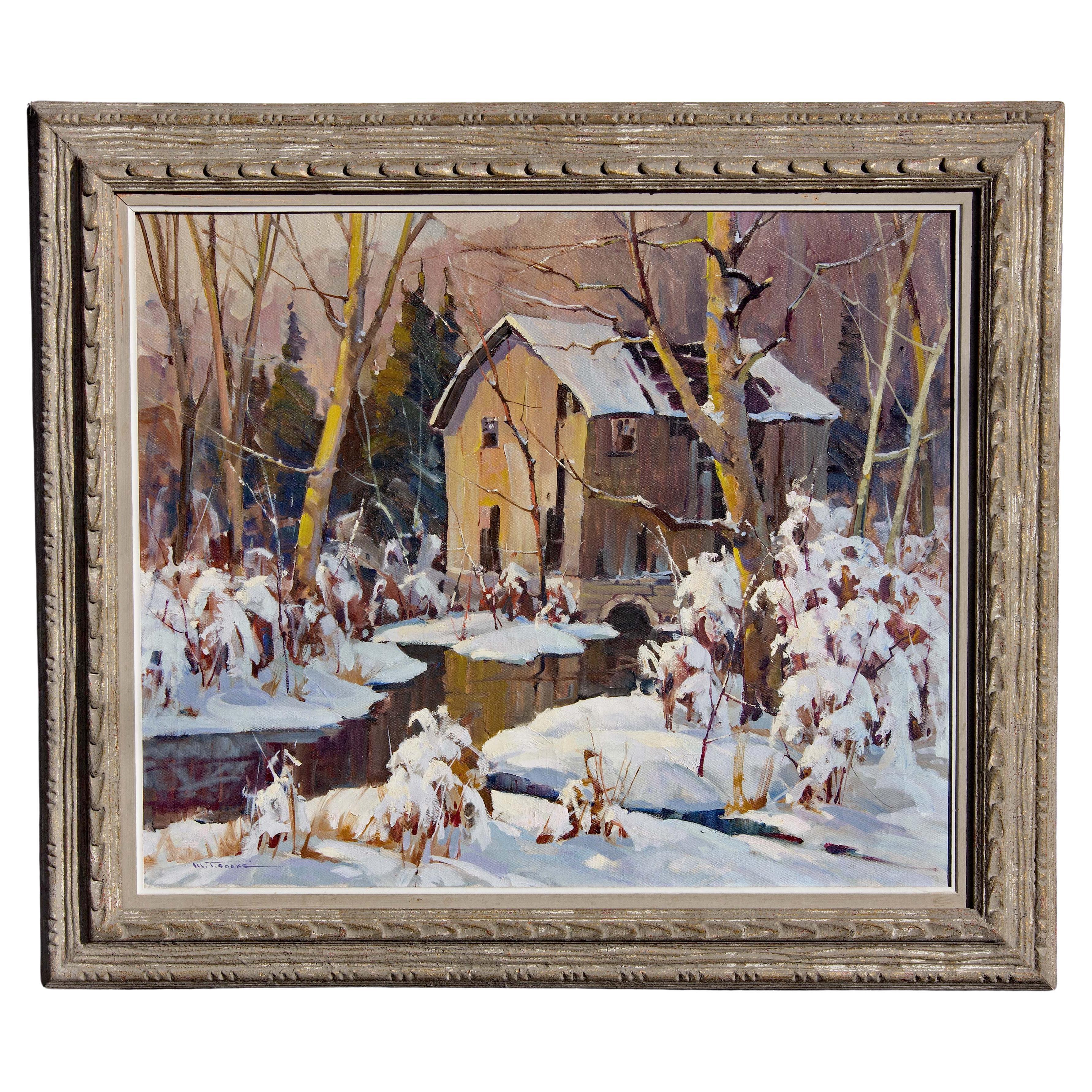 Peaceful winter landscape painting by Walter Sacks.  Oil on canvas. In high quality original frame. Signed lower left. Circa 1940's. Please, contact Joseph Dasta Antiques for shipping options. 
  Walter Sacks was born October 30, 1901 in