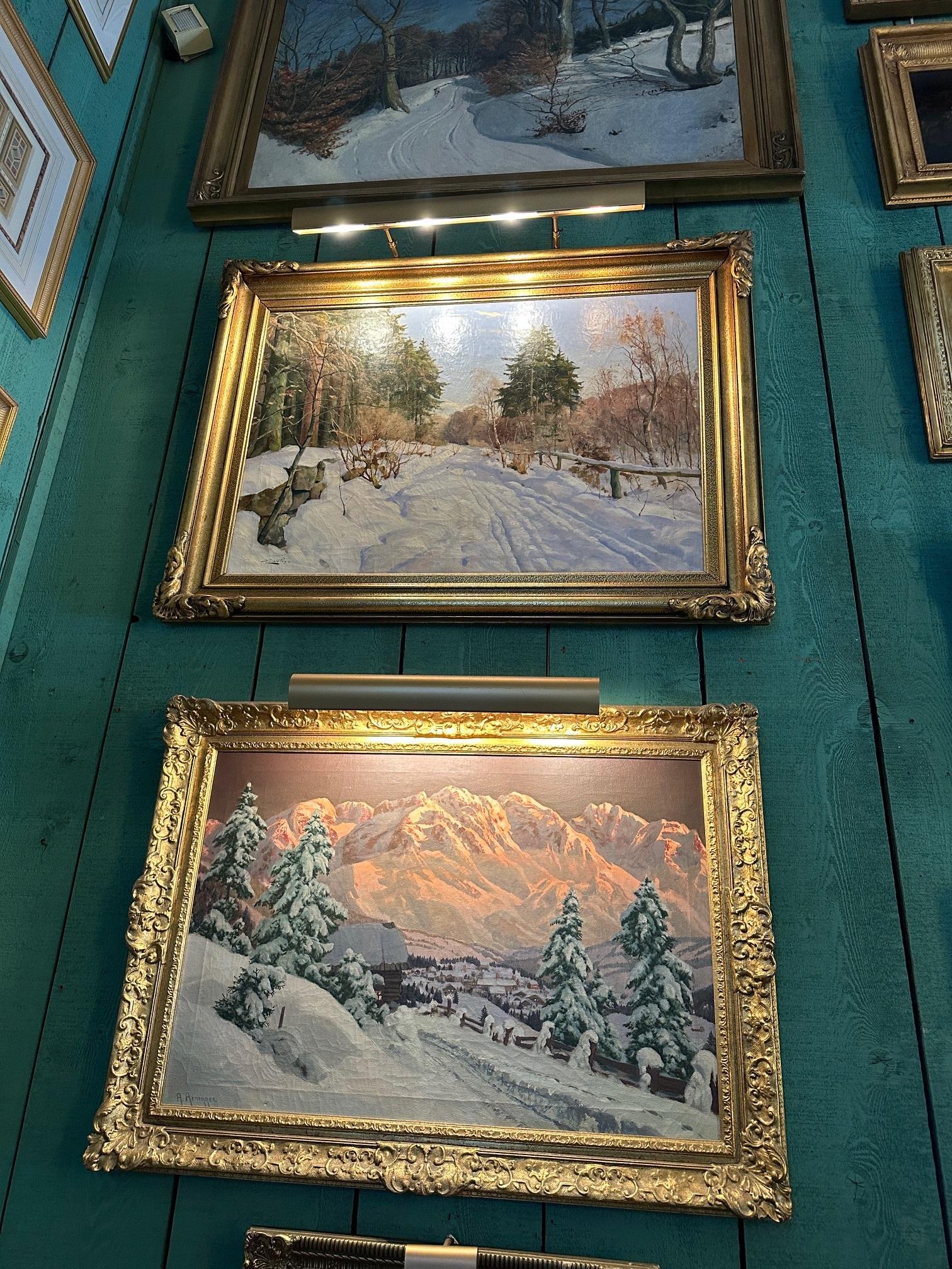Winter Landscape Snow Scene Country Road Painting Oil on Canvas Framed Argnegger For Sale 6