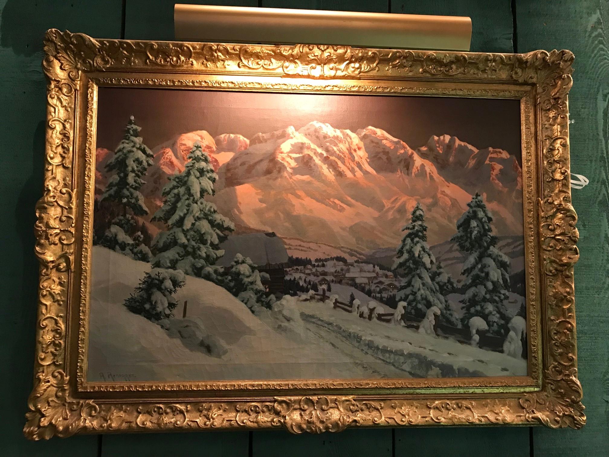 Winter Landscape Snow Scene Country Road Painting Oil on Canvas Framed Argnegger . Late 19th-early 20th century winter landscape / snow scene, by Alois Arnegger oil on canvas. Signed A. Arnegger with Hand Crafted Gilt antique old Frame Measures:
