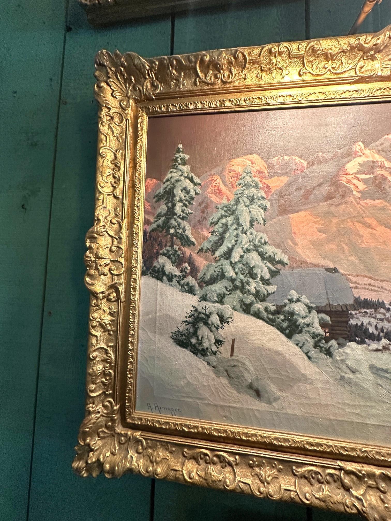 Austrian Winter Landscape Snow Scene Country Road Painting Oil on Canvas Framed Argnegger For Sale