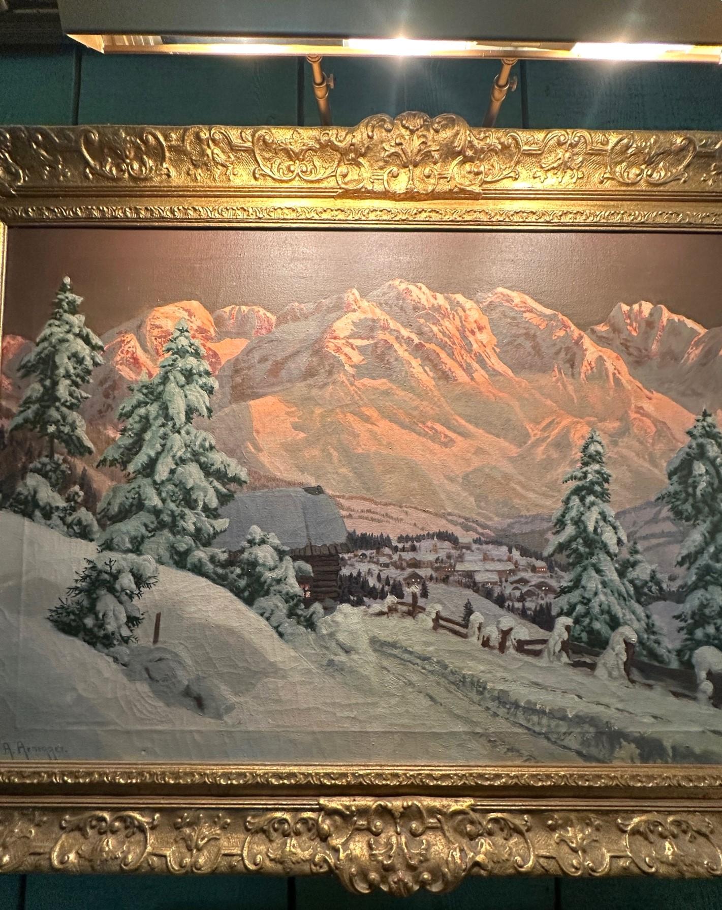 Hand-Carved Winter Landscape Snow Scene Country Road Painting Oil on Canvas Framed Argnegger For Sale