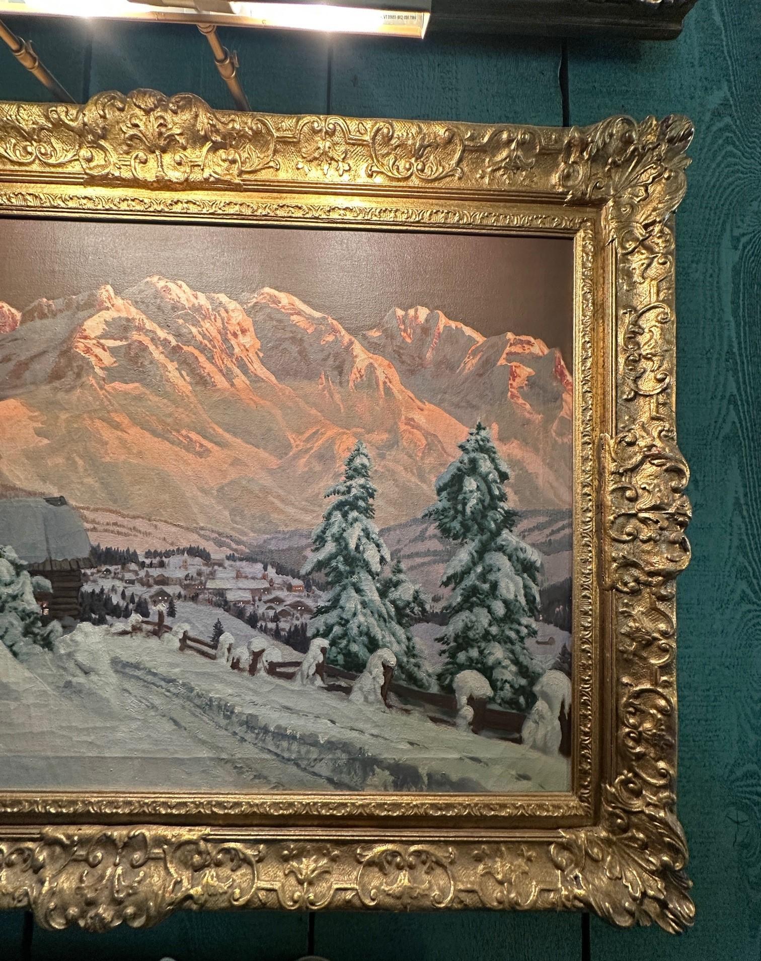 Winter Landscape Snow Scene Country Road Painting Oil on Canvas Framed Argnegger In Good Condition For Sale In West Hollywood, CA