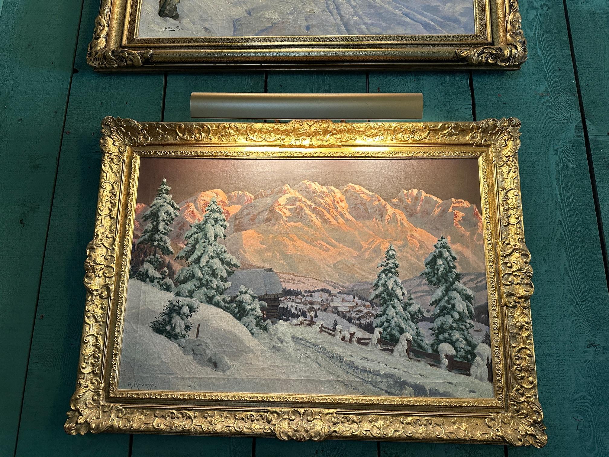 20th Century Winter Landscape Snow Scene Country Road Painting Oil on Canvas Framed Argnegger For Sale