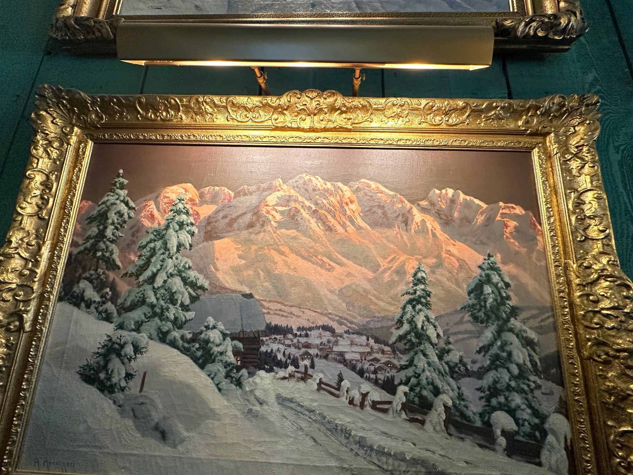 Winter Landscape Snow Scene Country Road Painting Oil on Canvas Framed Argnegger For Sale 2