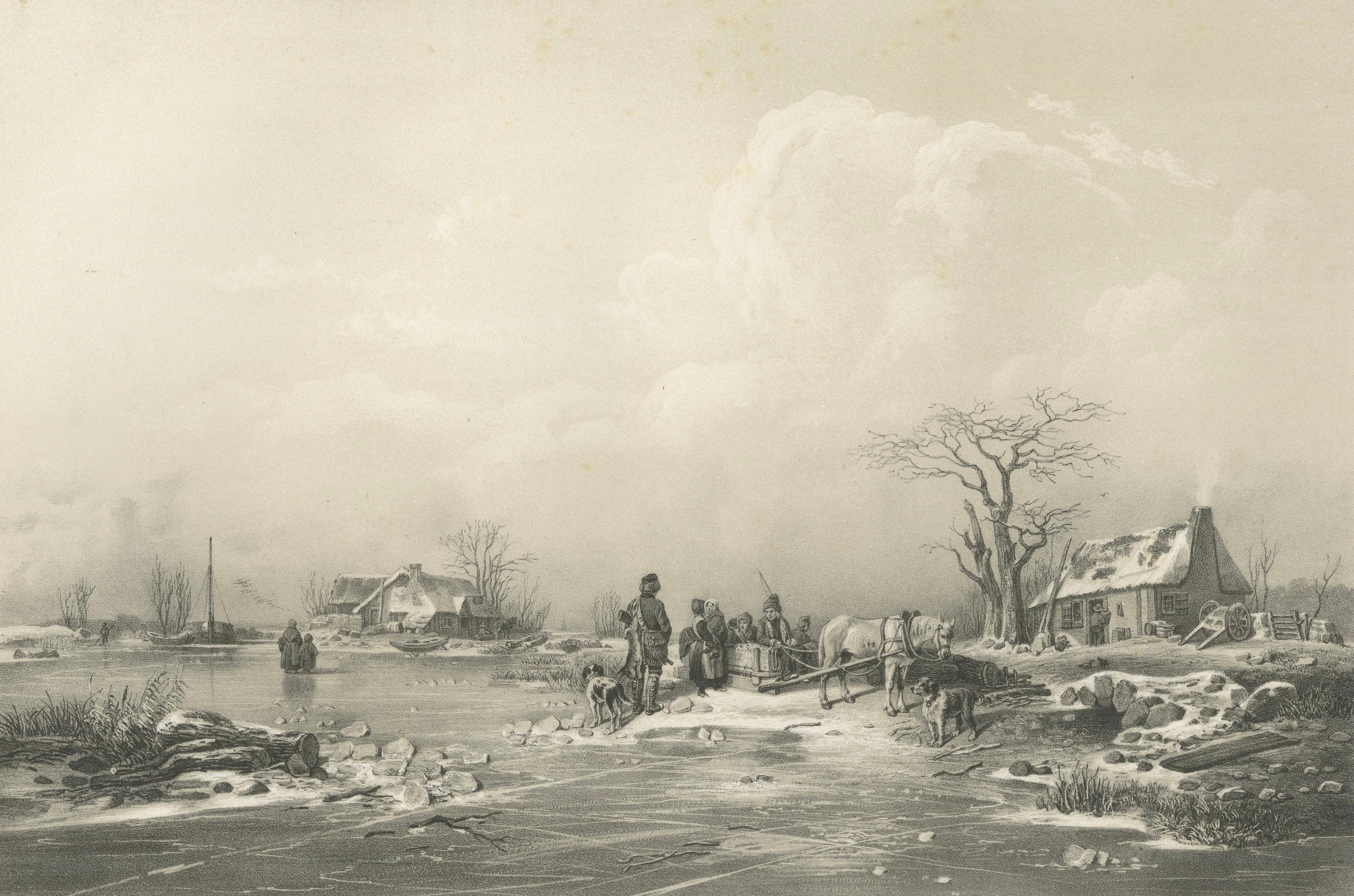Winter-Landskap, Swedish Winter Scene Lithograph after Pehr Wickenberg, 1850