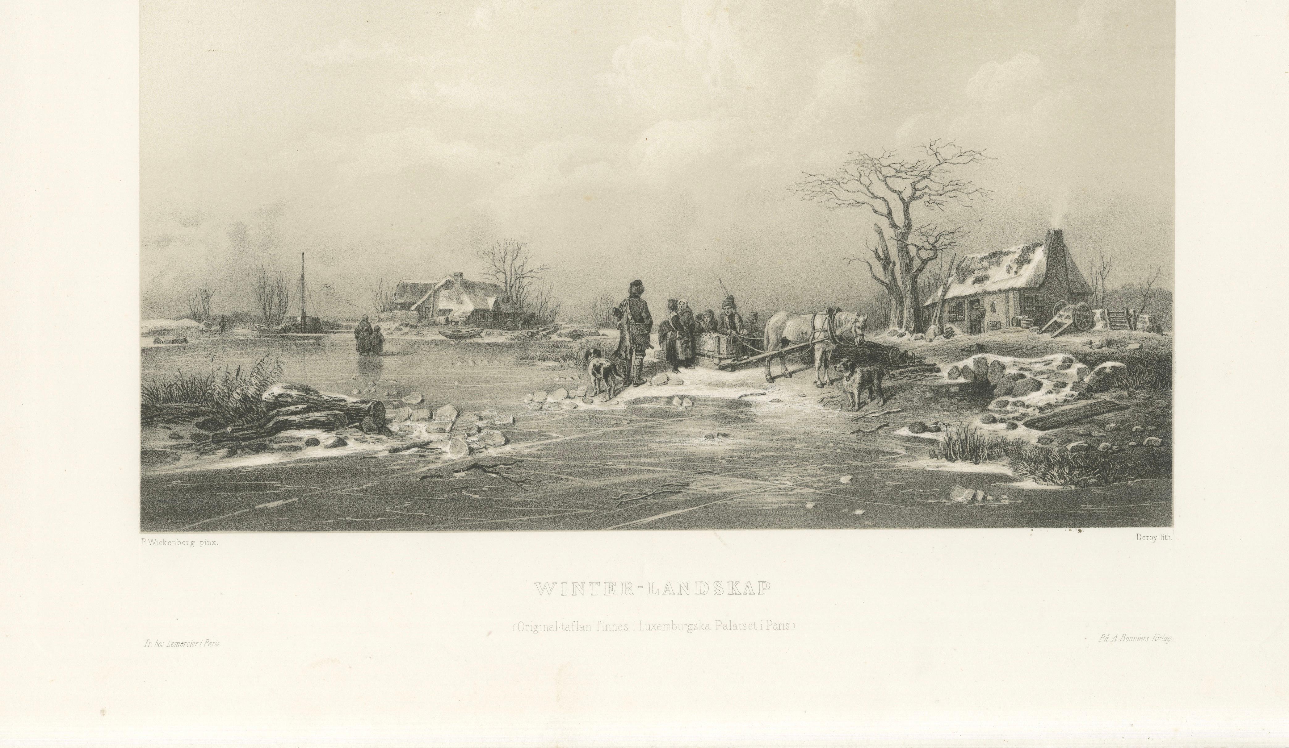 Winter-Landskap, Swedish Winter Scene Lithograph after Pehr Wickenberg, 1850