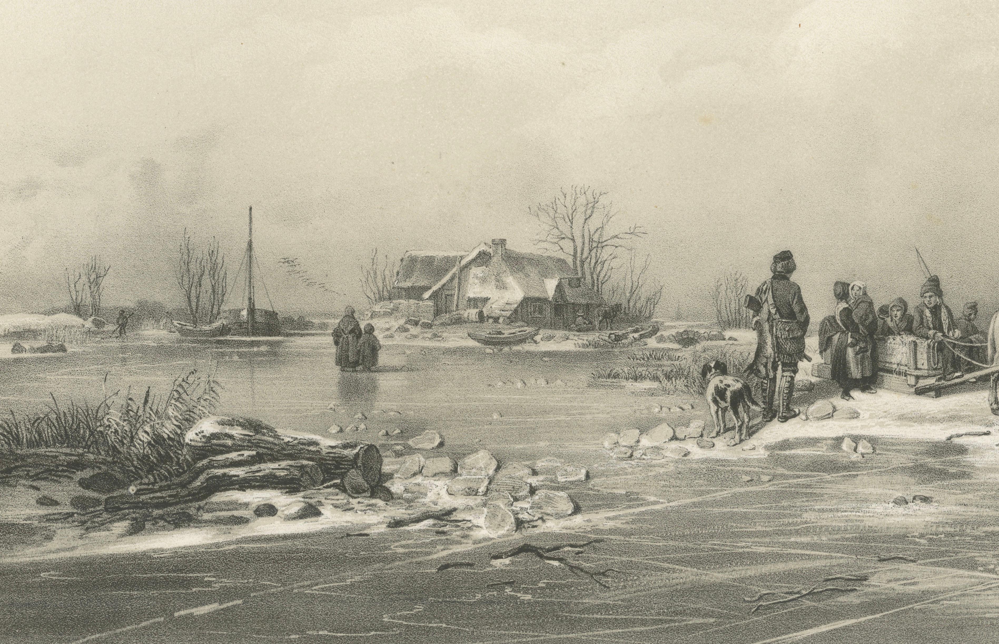 Winter-Landskap, Swedish Winter Scene Lithograph after Pehr Wickenberg, 1850