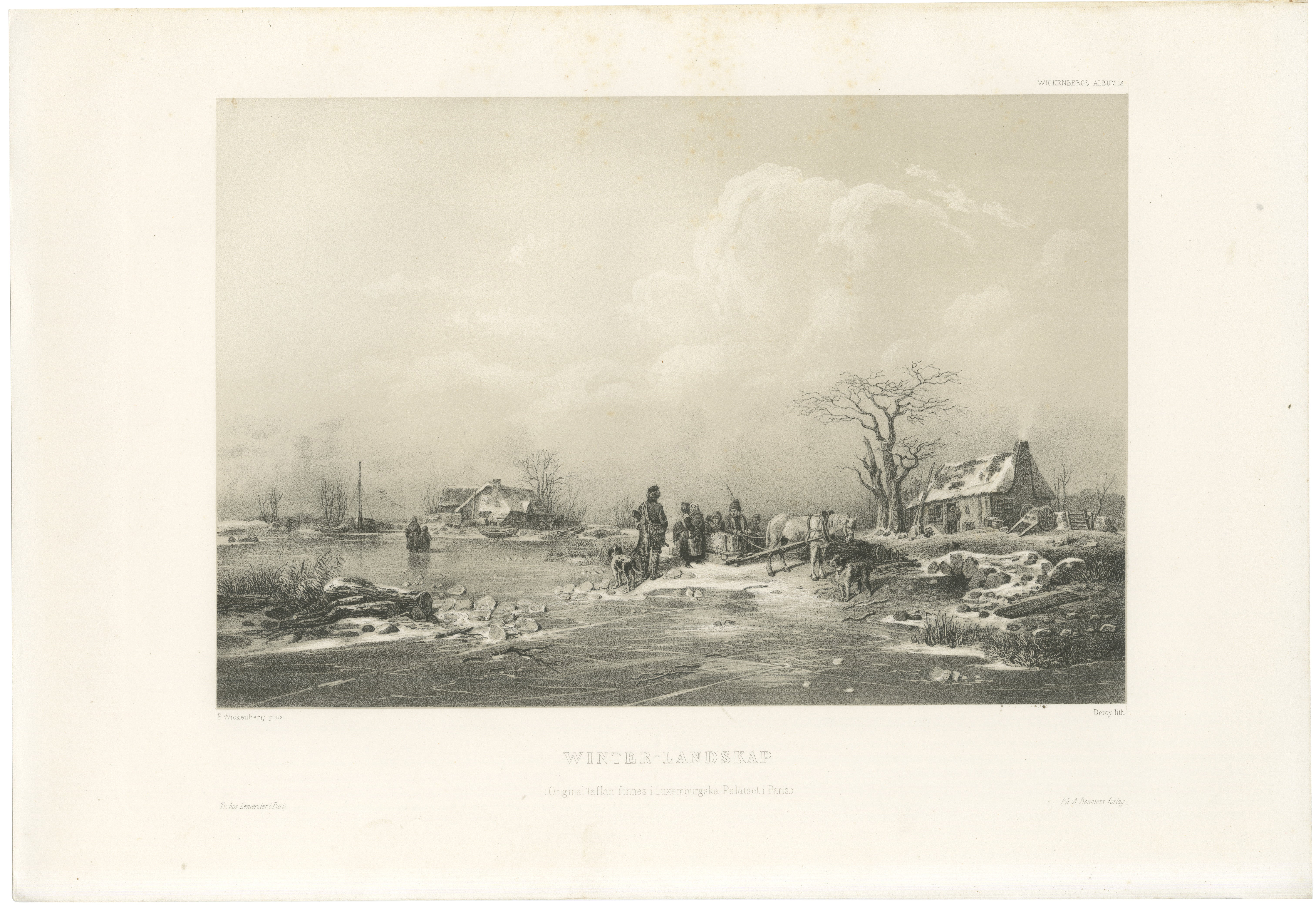 Winter-Landskap, Swedish Winter Scene Lithograph after Pehr Wickenberg, 1850