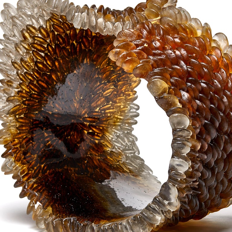 Organic Modern Winter Leaf I, Unique Glass Sculpture in brown & amber by Nina Casson McGarva For Sale