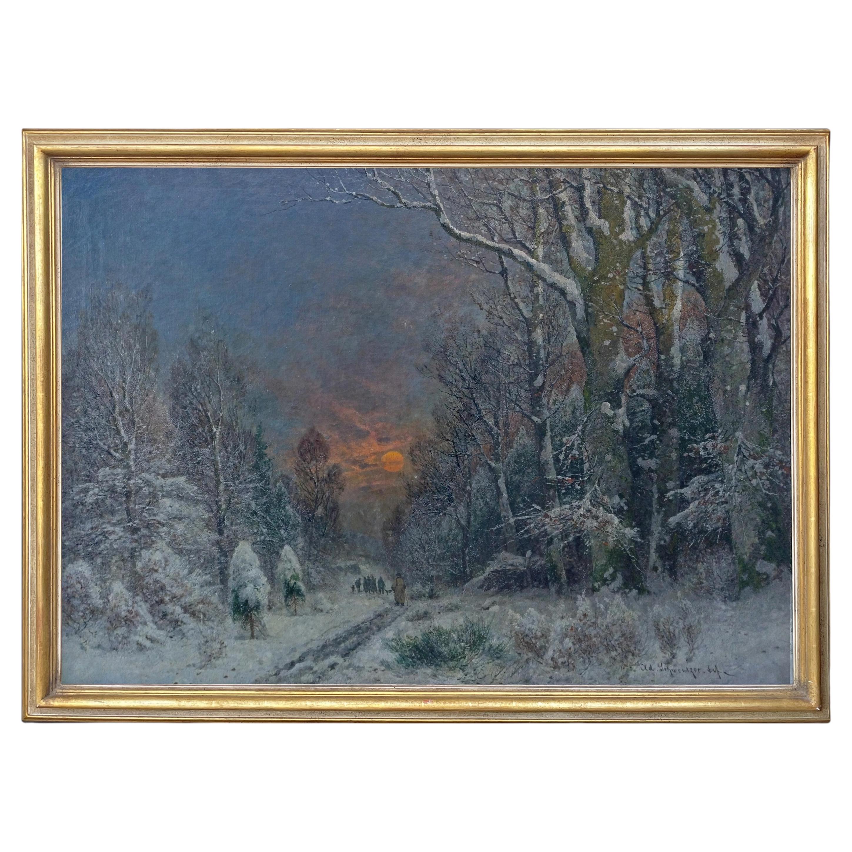 Winter Night Landscape Oil on Canvas by A. Gustav Schweitzer