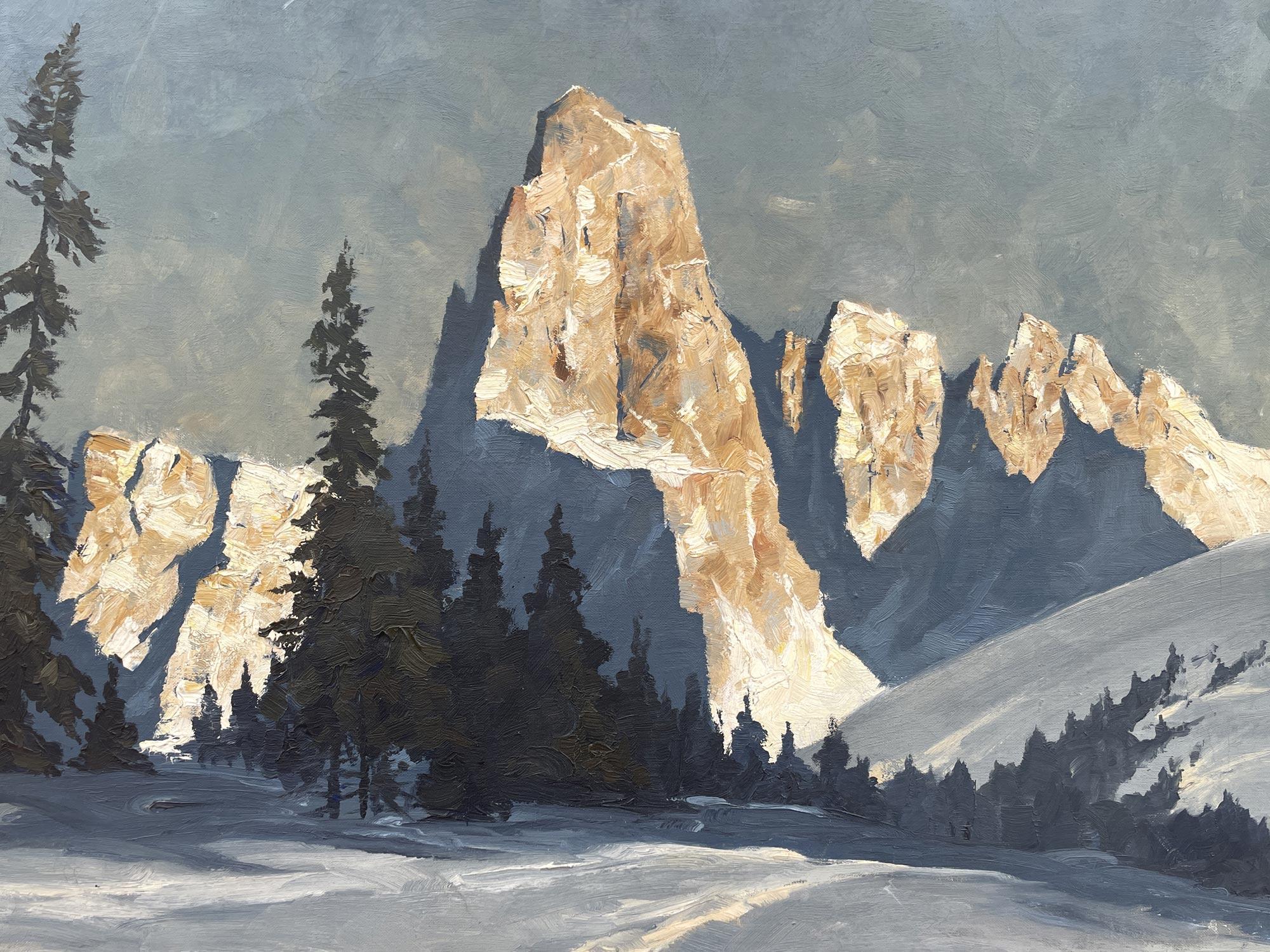 Winter in den italienischen Dolomiten Öl auf Leinwand von Georg Grauvogl (Geölt) im Angebot