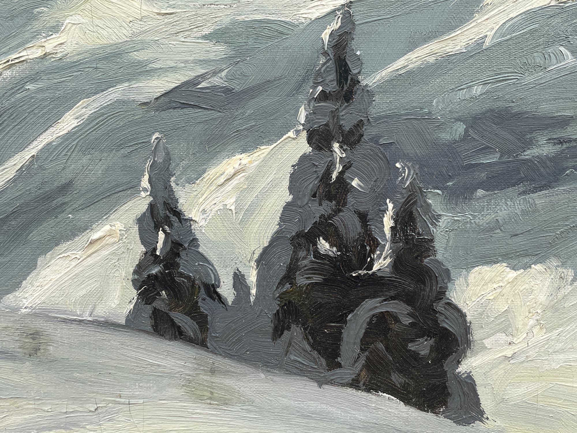 Snow on the Peaks - Georg Grauvogl (1896 - 1986)

70 x 80 cm without frame
74 x 84 cm with antique fir frame

oil painting on canvas
1930s

A few, vibrant brushstrokes of color perfectly render the snow-laden fir trees. The color contrasts outline,