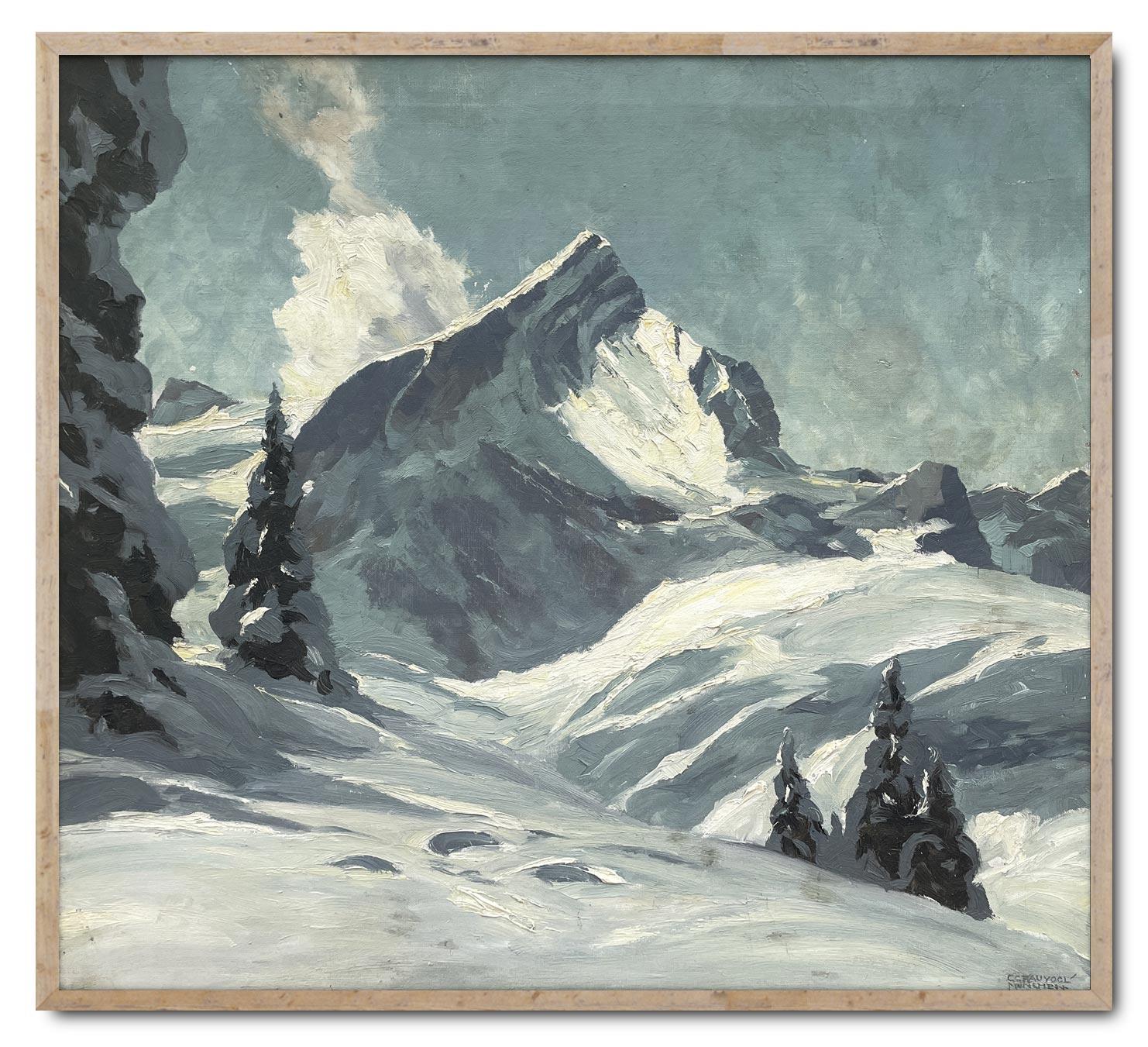 Mid-20th Century Winter on Peaks Oil on Canvas by Georg Grauvogl For Sale