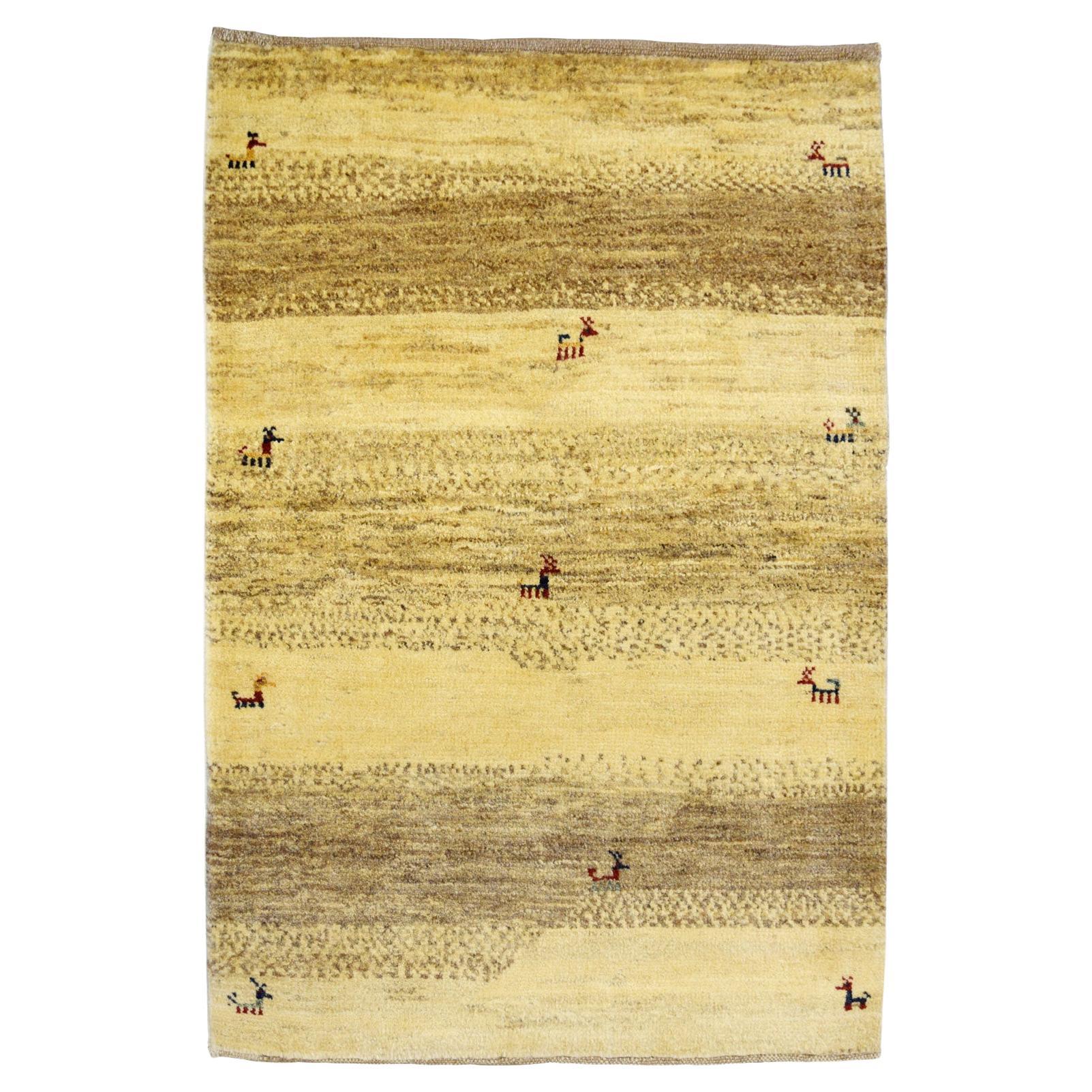 "Winter" Wool Persian Luri Gabbeh Tribal Rug, Yellow, Gray, Taupe, 3' x 4' For Sale