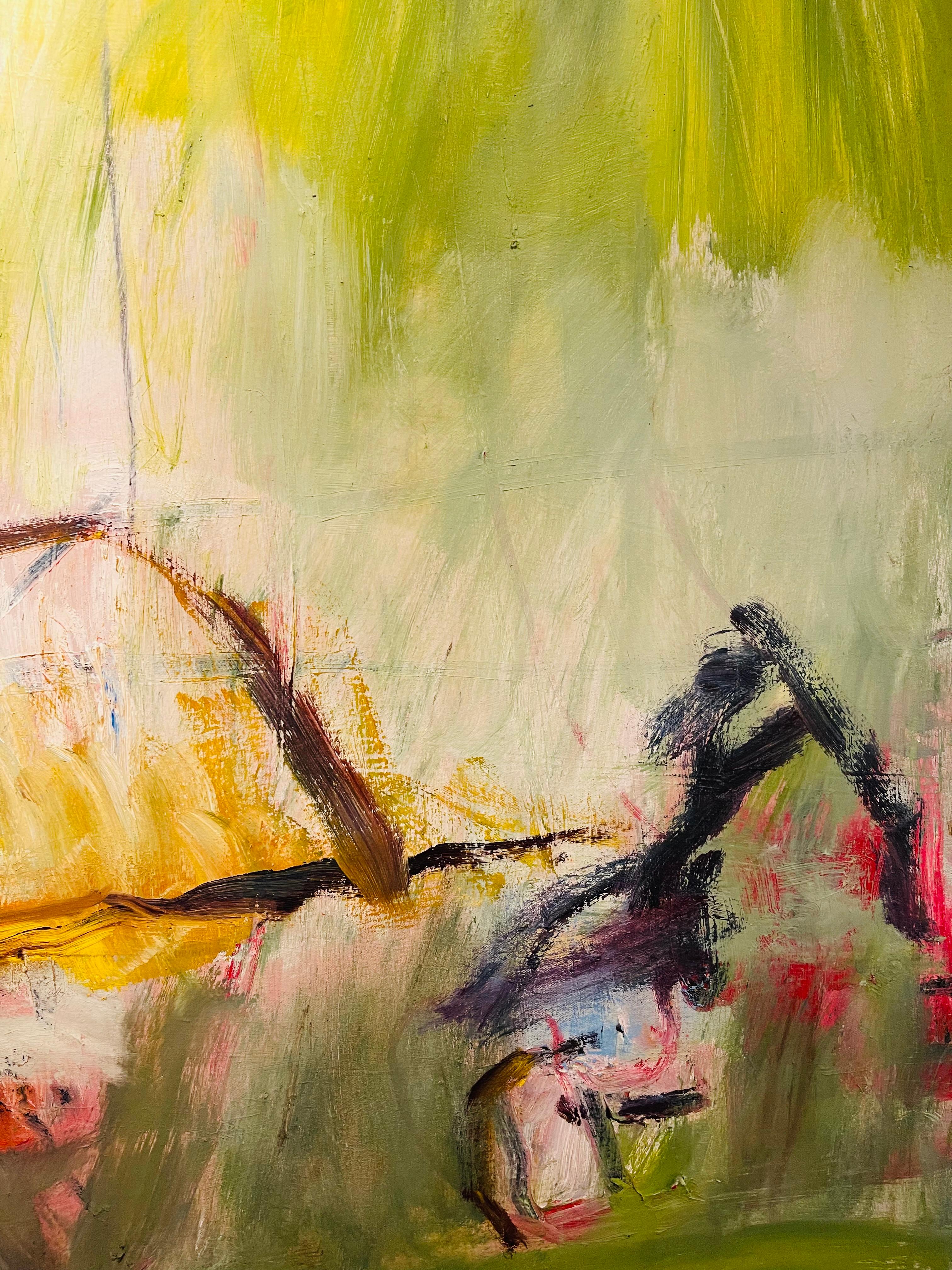 Cuadro al óleo de tamaño mediano, colorido, mujer en expresionismo abstracto con puesta de sol - Landscape Painting Beige de Winter Rusiloski