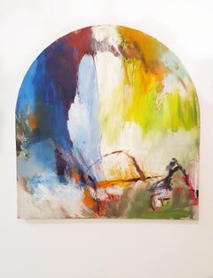 Cuadro al óleo de tamaño mediano, colorido, mujer en expresionismo abstracto con puesta de sol