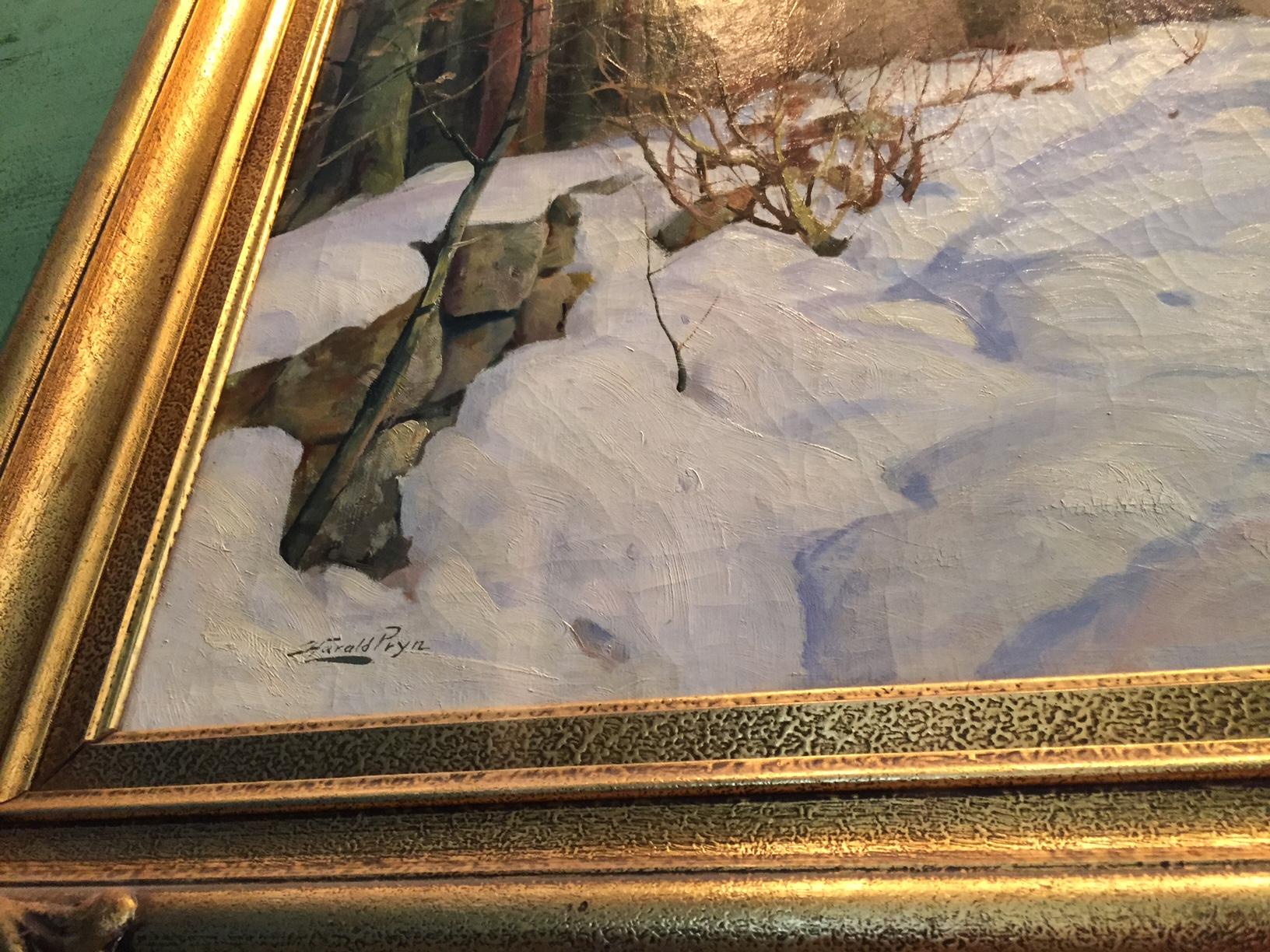 Fait main Scène d'hiver d'une route rurale par Harald Pryhn Peinture danoise huile sur toile neige en vente