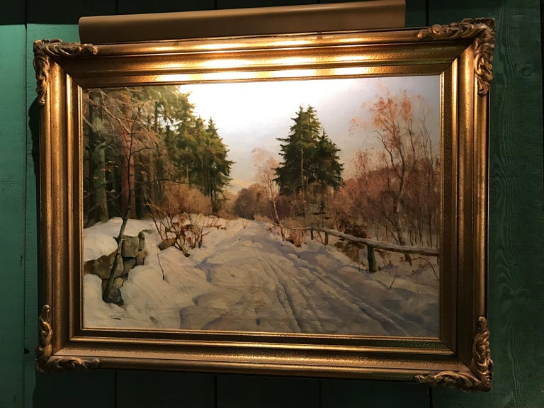 Winter Scene of Country Road by Harald Pryhn Danish Painting Oil on Canvas snow In Good Condition For Sale In West Hollywood, CA
