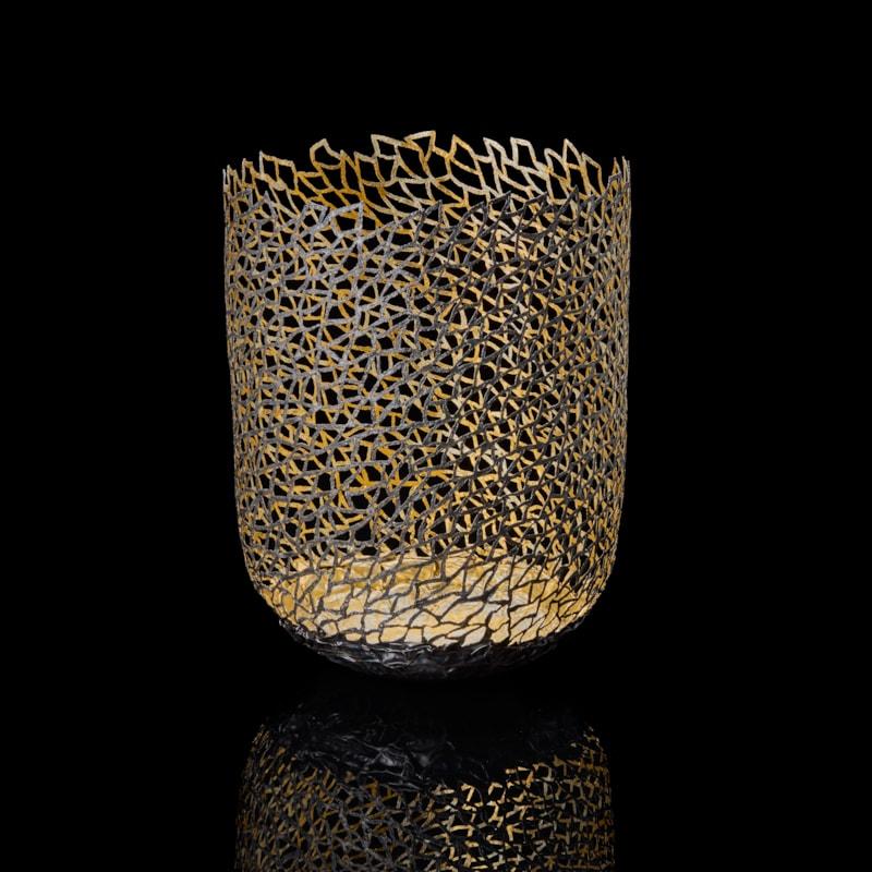 Winter Sketch II, steel & gold organic latticed sculptural vase by Claire Malet In New Condition For Sale In London, GB
