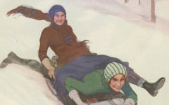 Winter Sports Print – "Achtung, Kurve!" – Sledding in the Snow, c. 1920
