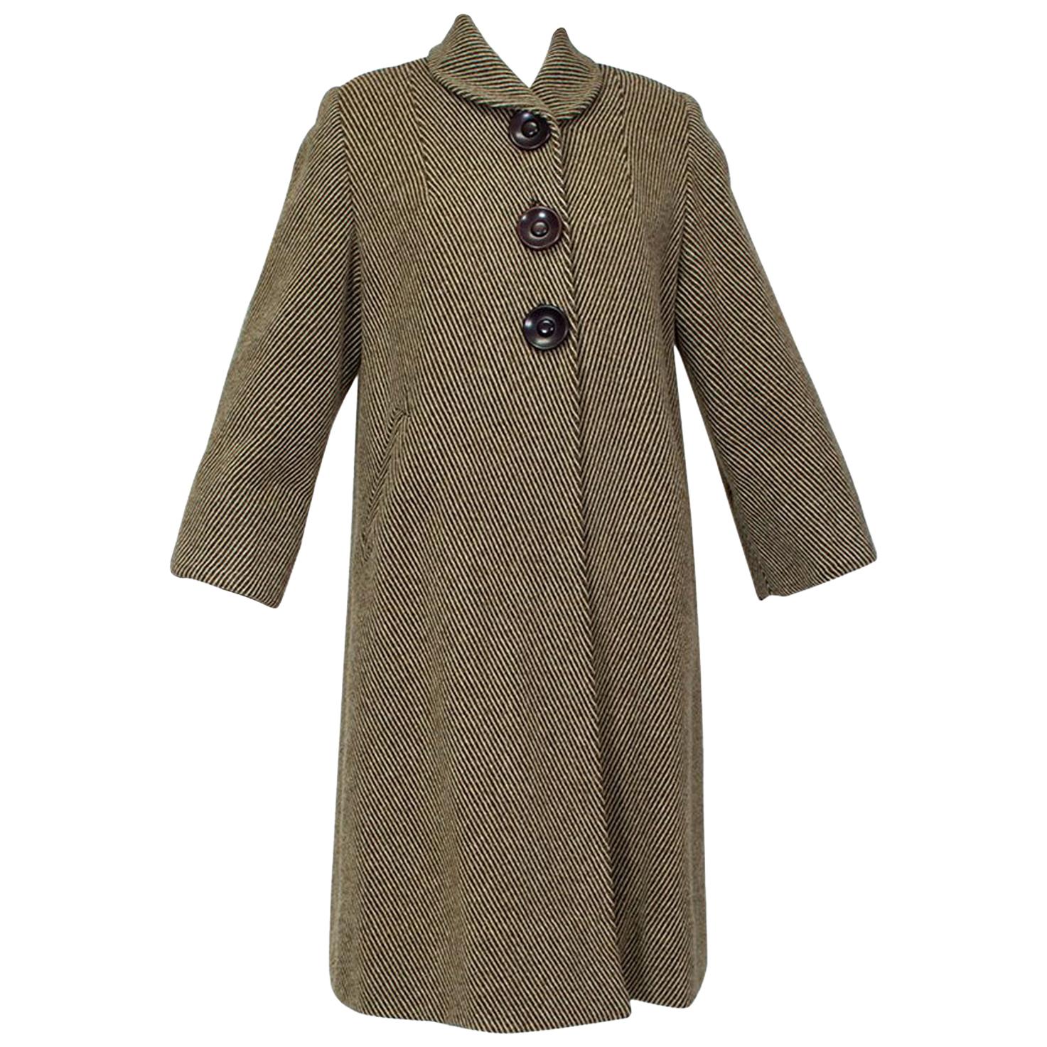 Convertible Brown Shetland Wool Chevron Swing Coat w Zip-Out Lining - M, 1950s For Sale