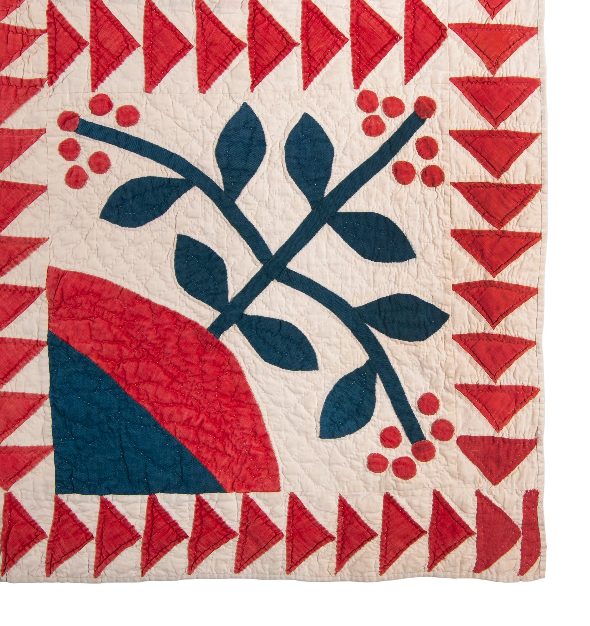 Winterberry pattern quilt with flying geese, in patriotic colors and with exceptional graphic impact, entirely hand-pieced and hand-quilted, circa 1860s-1870s

Made approximately between the Civil War and the 1870s, this exceptional red-white, and